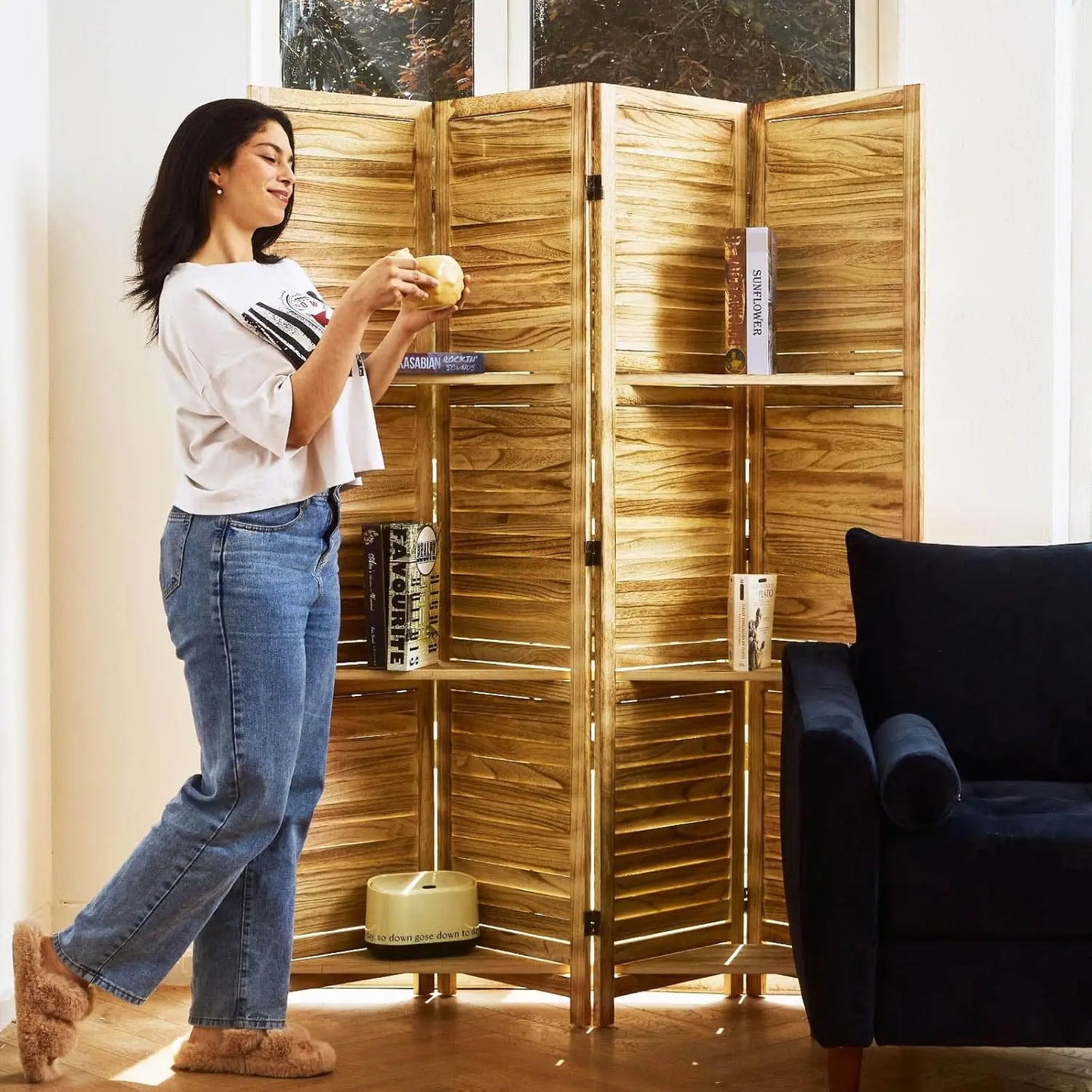 Wood Folding Privacy Screen Partition With Shelves For Home Use
