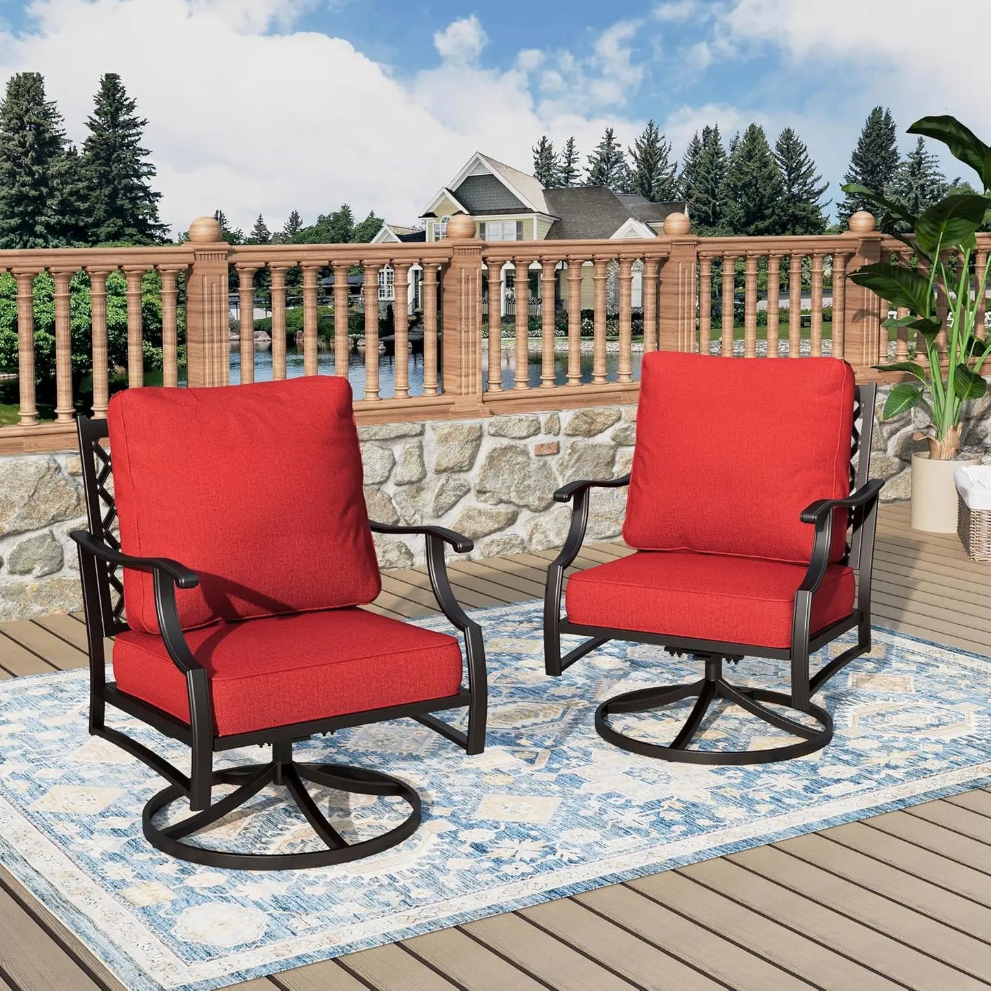 Swivel Patio Chairs Set Of Two Outdoor High Back Metal Cushioned
