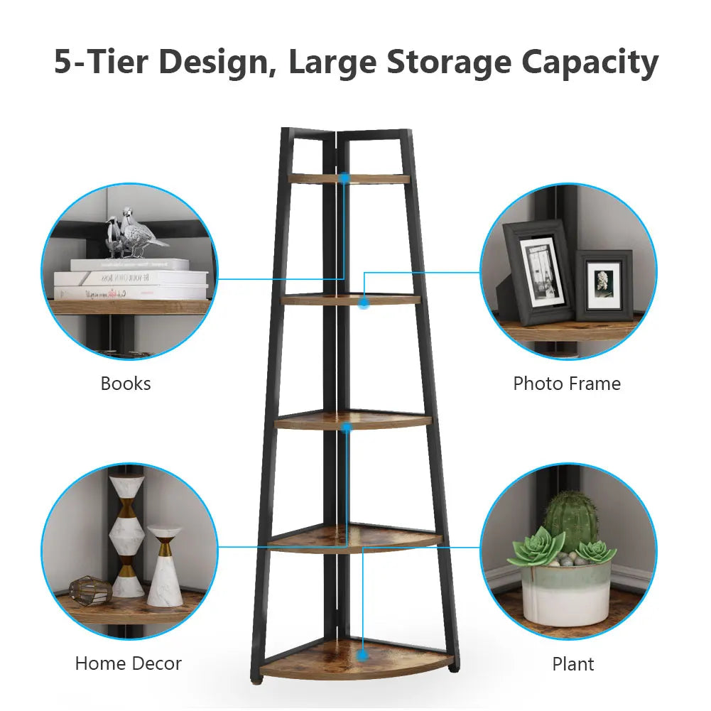 Tribesigns Corner Bookshelf Five Tier Wood Bookcase Rack