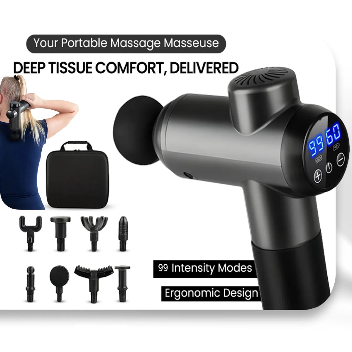 Deep Tissue Massage Gun 99 Speed Levels 8 Attachments