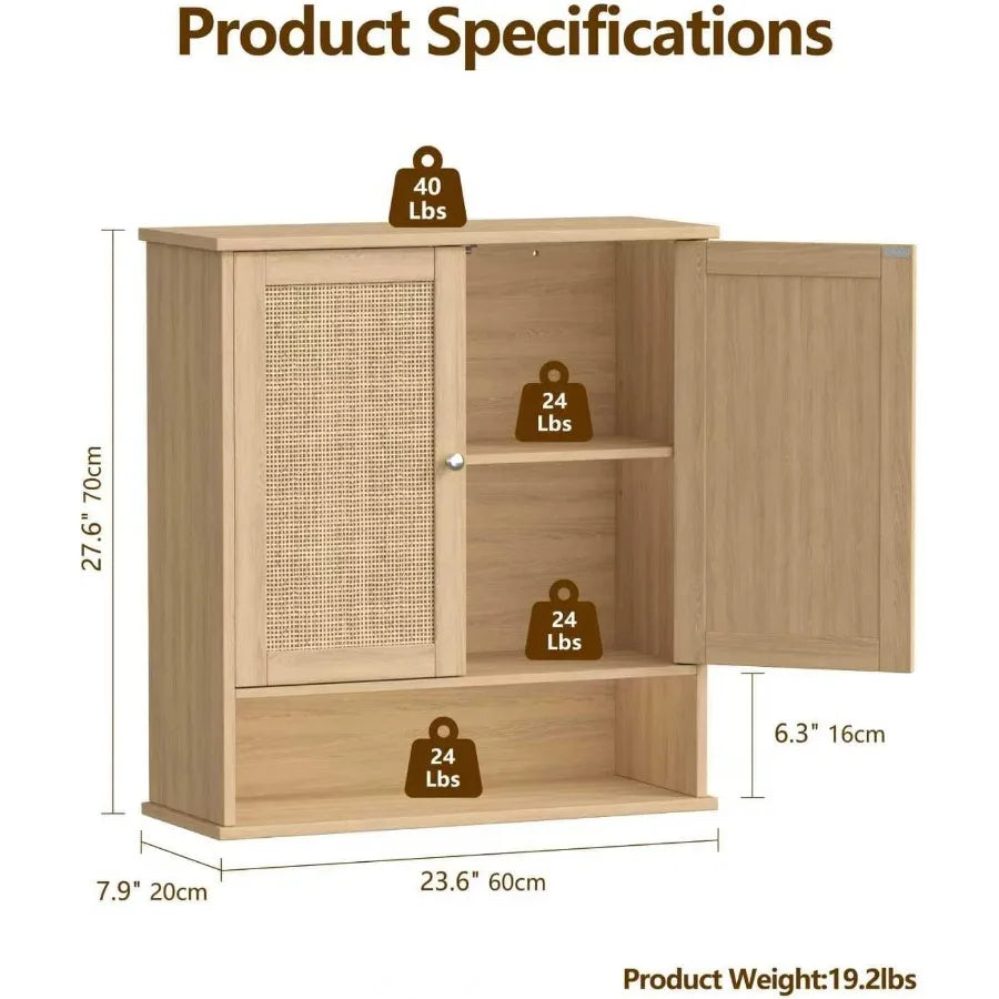 XIUWO Modern Medicine Cabinet With Adjustable Shelf And Rattan Doors