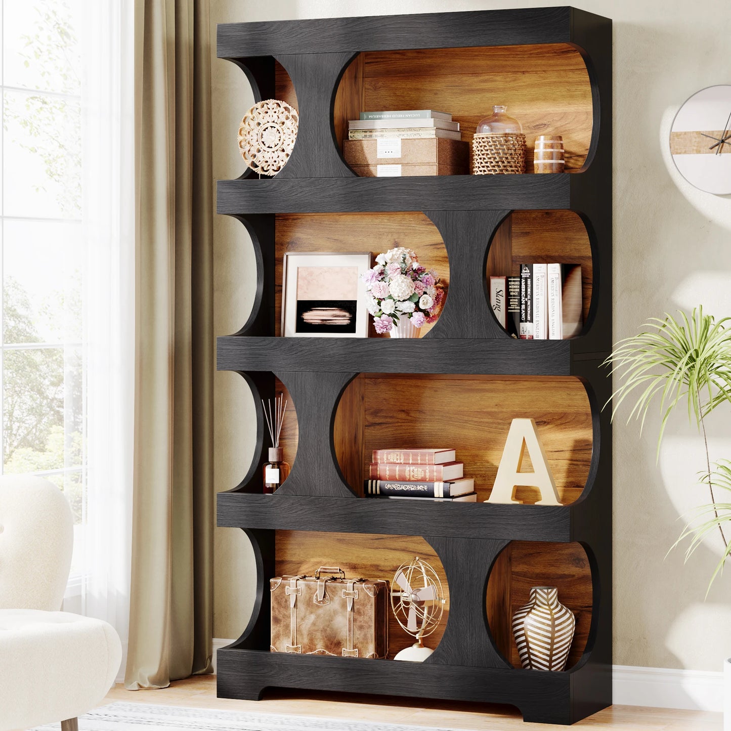 Tribesigns 4 Tier S Shaped Bookcase Modern Wood Display Shelves