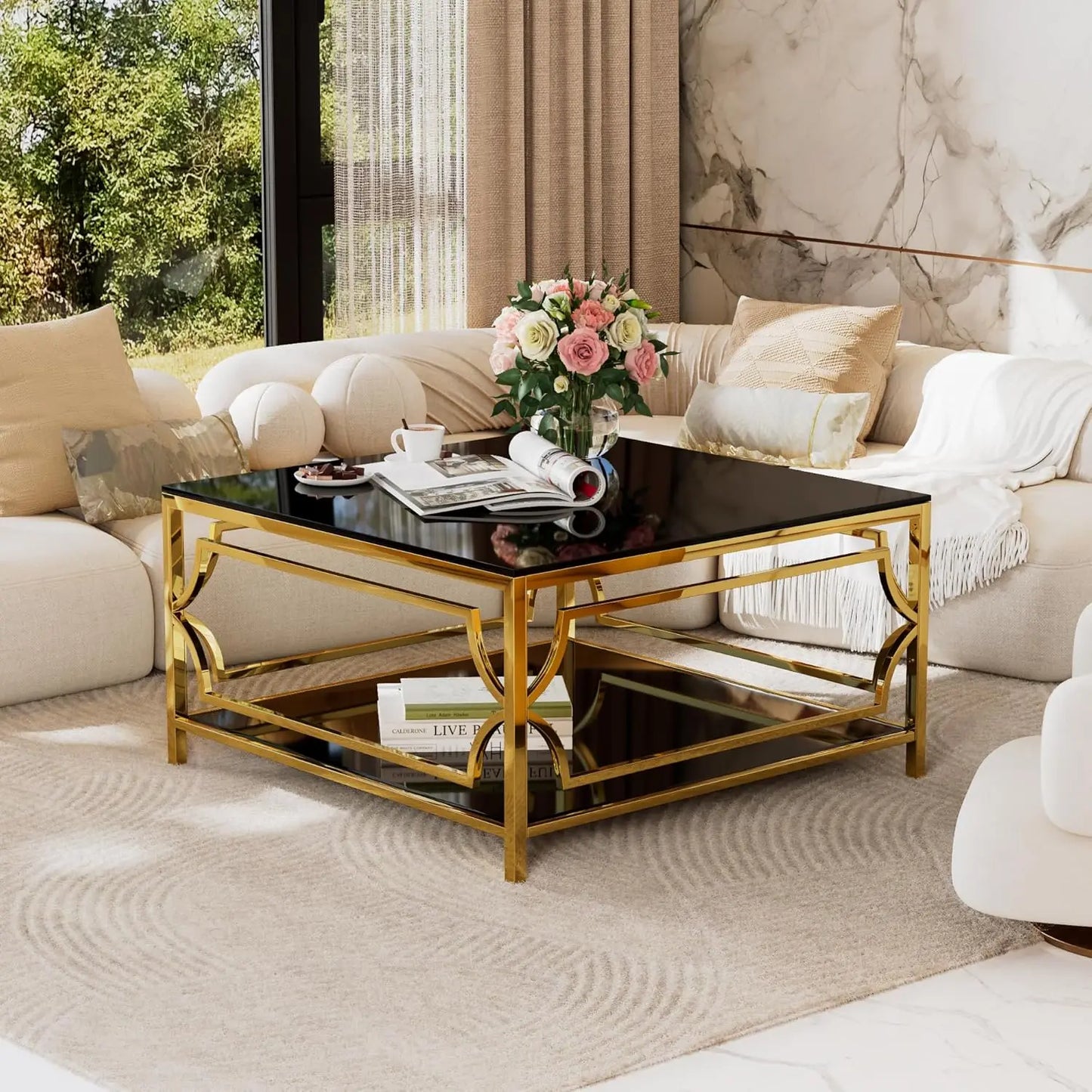 Rectangular Bamboo Coffee Table With Four Drawers And Metal Base