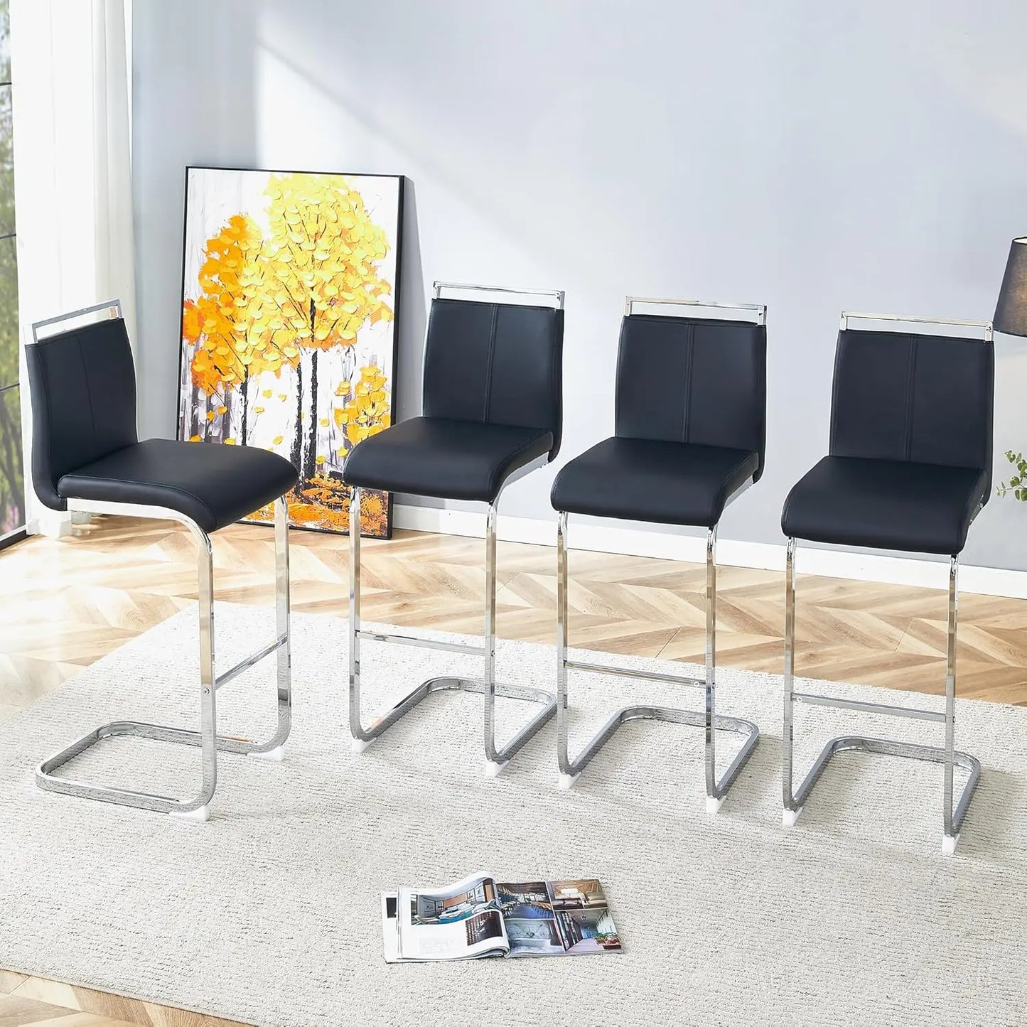 Frame Bar Stools 4 With Back Modern Faux Leather Seating