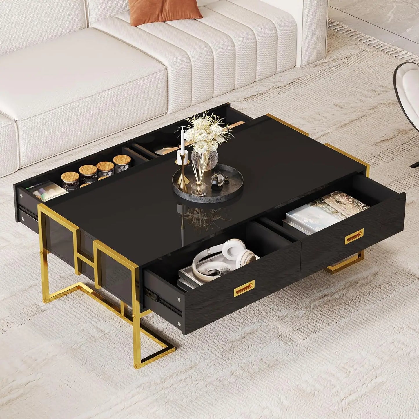 Rectangular Bamboo Coffee Table With Four Drawers And Metal Base