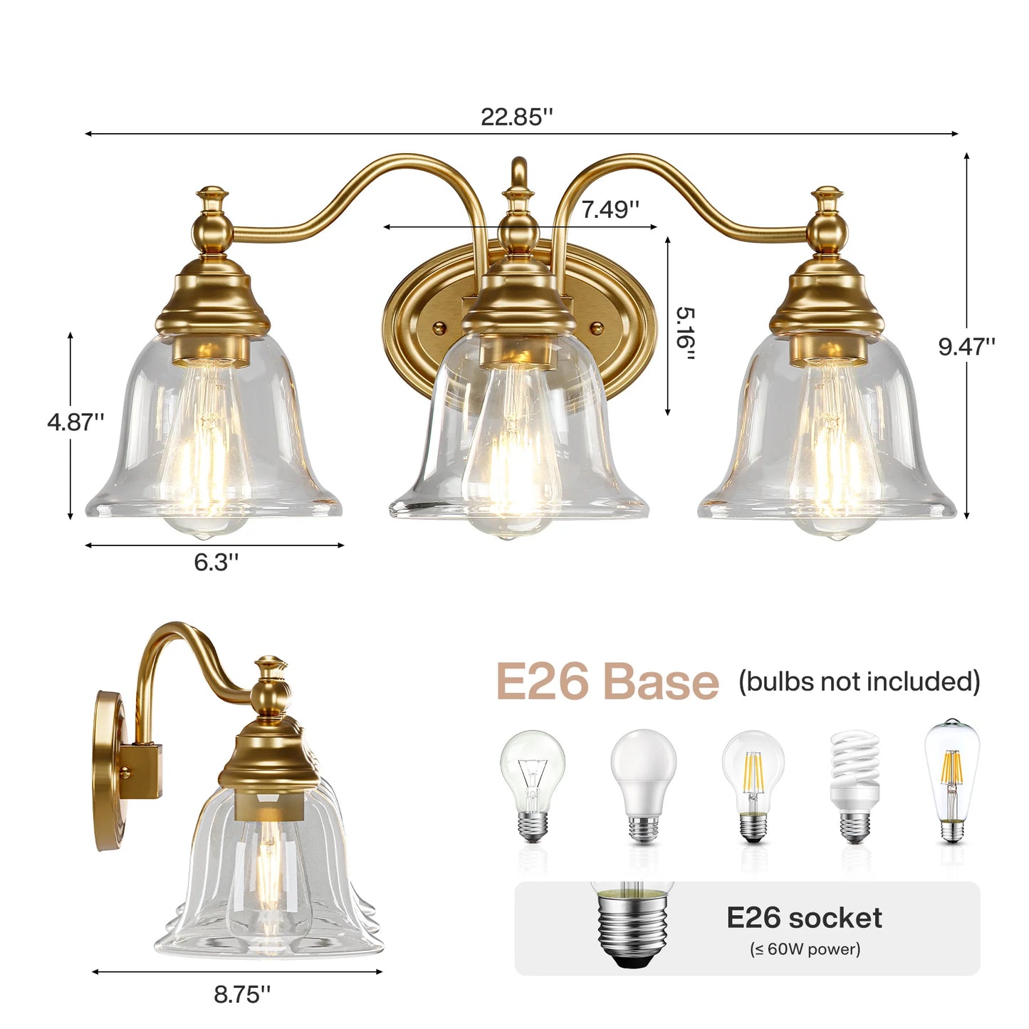 Tribesigns 3 Light Vanity Bath Light Fixture With Glass Shades