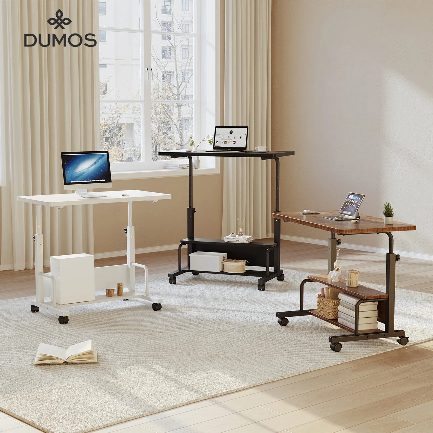JHK Adjustable Height Mobile Standing Computer Desk With Locking Wheels