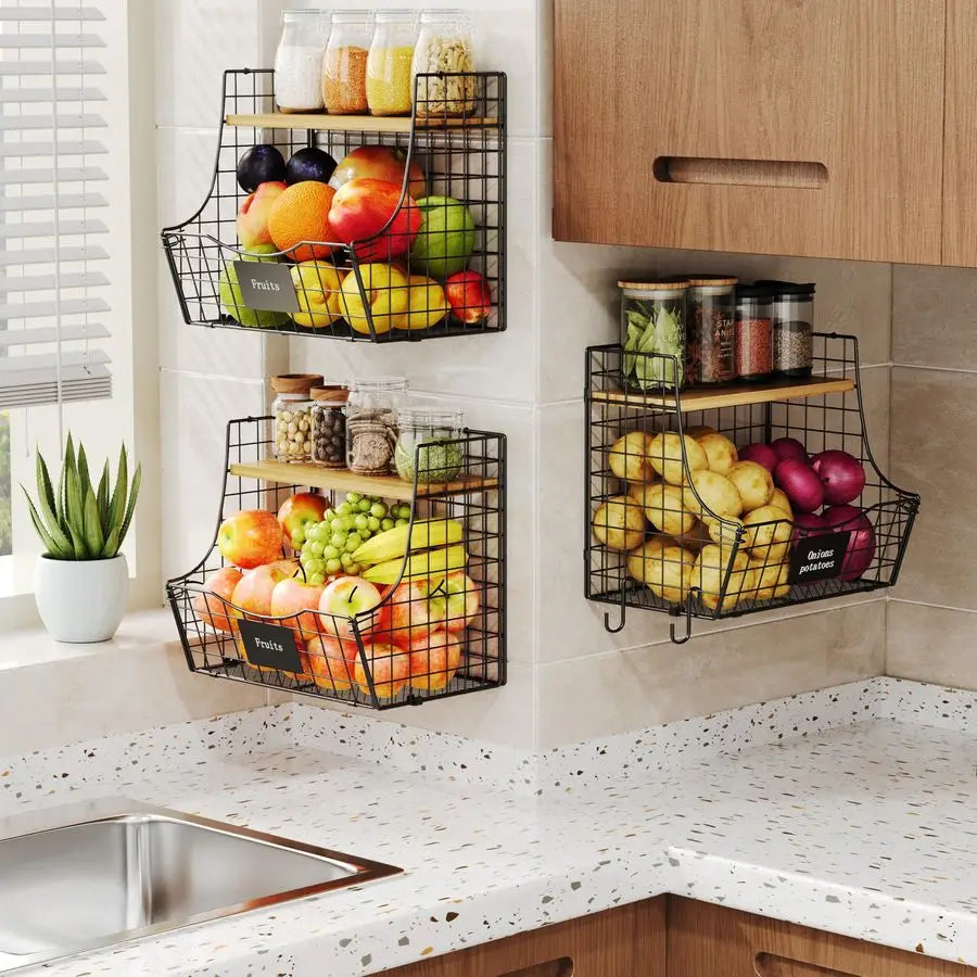 Pack Fruit Basket for Kitchen with Wood Lid CounterampWall Mounted Onion and Potato Storage with Nameplate, Stackable Storage Ba