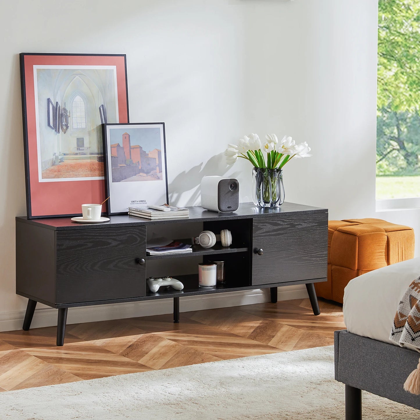 JHK Wooden Fireplace TV Stand With Adjustable Shelves And Storage