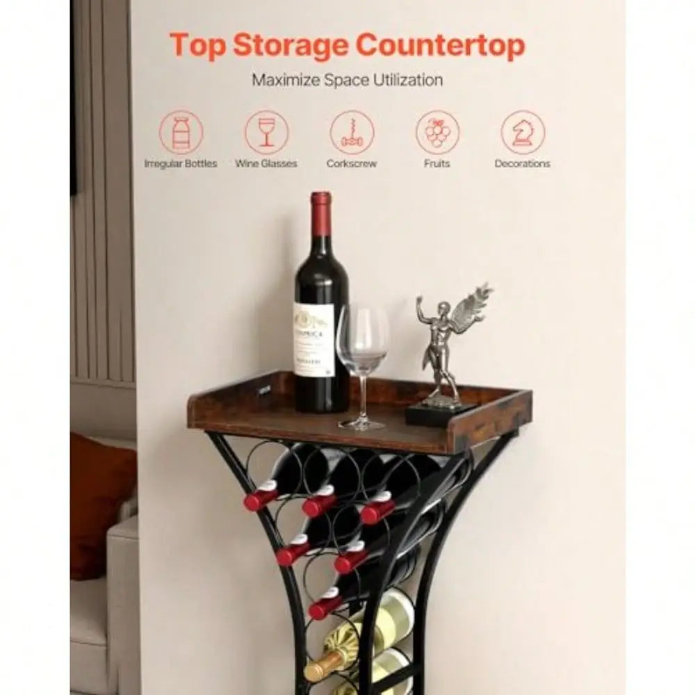 15 Bottle Iron Freestanding Wine Rack With Wood Tabletop Bar
