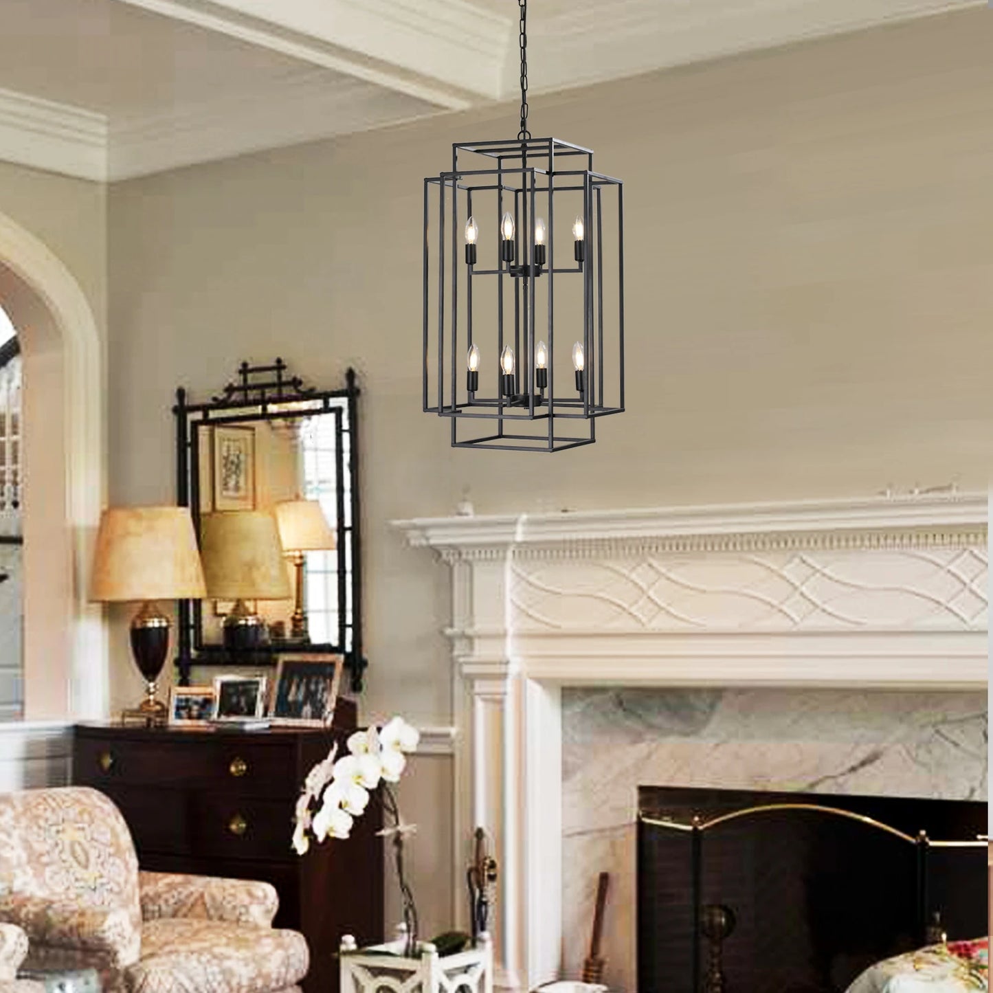 Modern Industrial 8 Light Metal Cage Pendant Chandelier