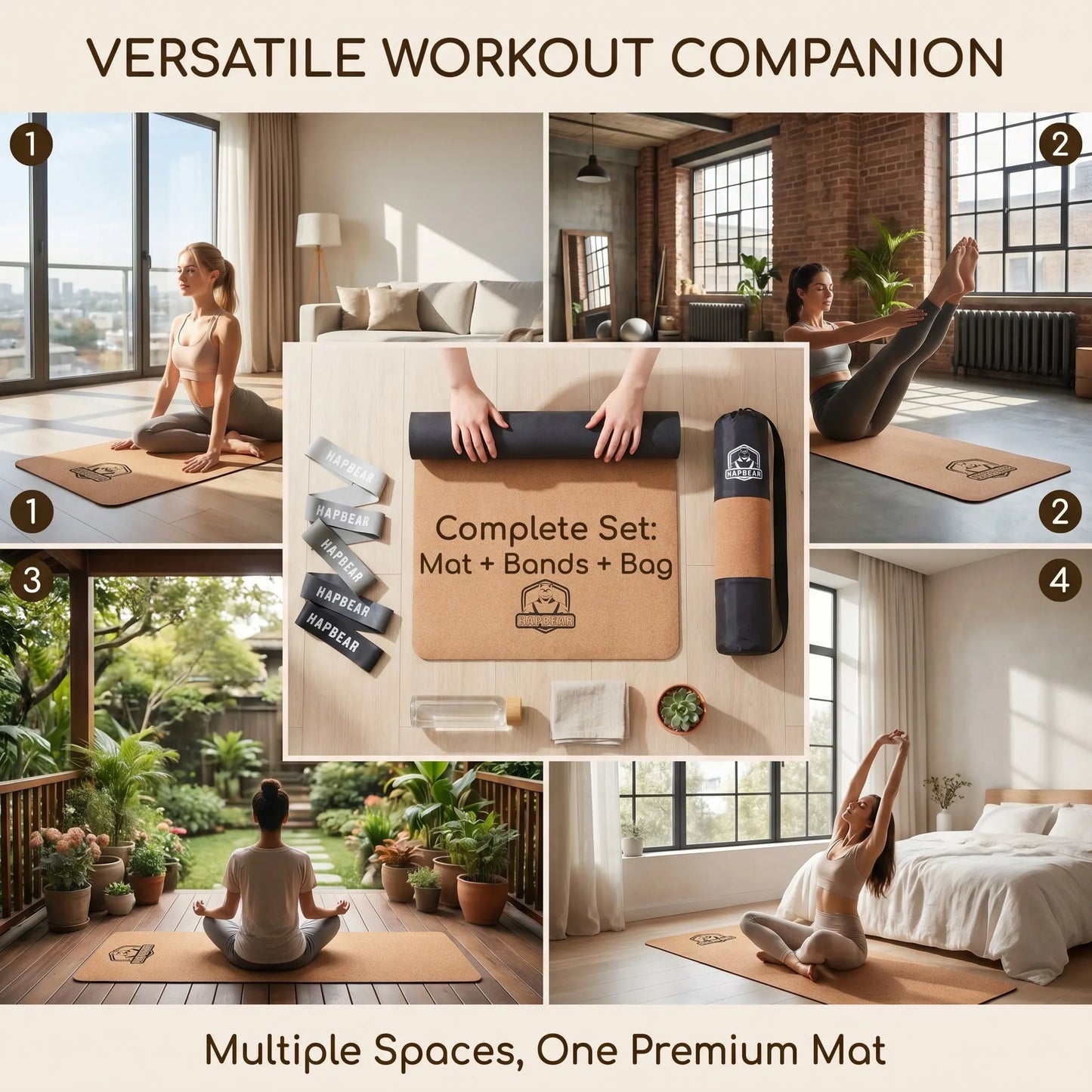 HAPBEAR Cork Yoga Mat Non-Slip for Home Workouts Carry Bag