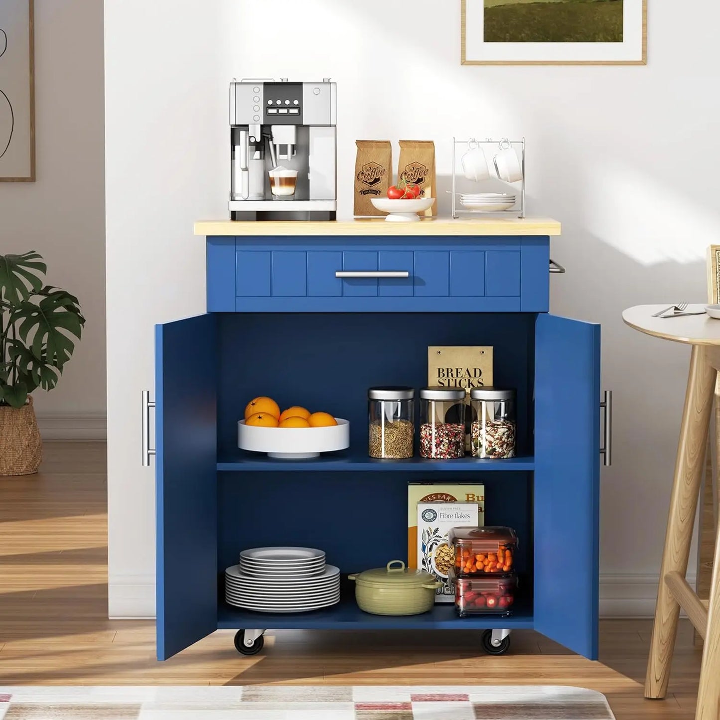 Rolling Kitchen Island Cart With Storage Cabinet And Towel Rack