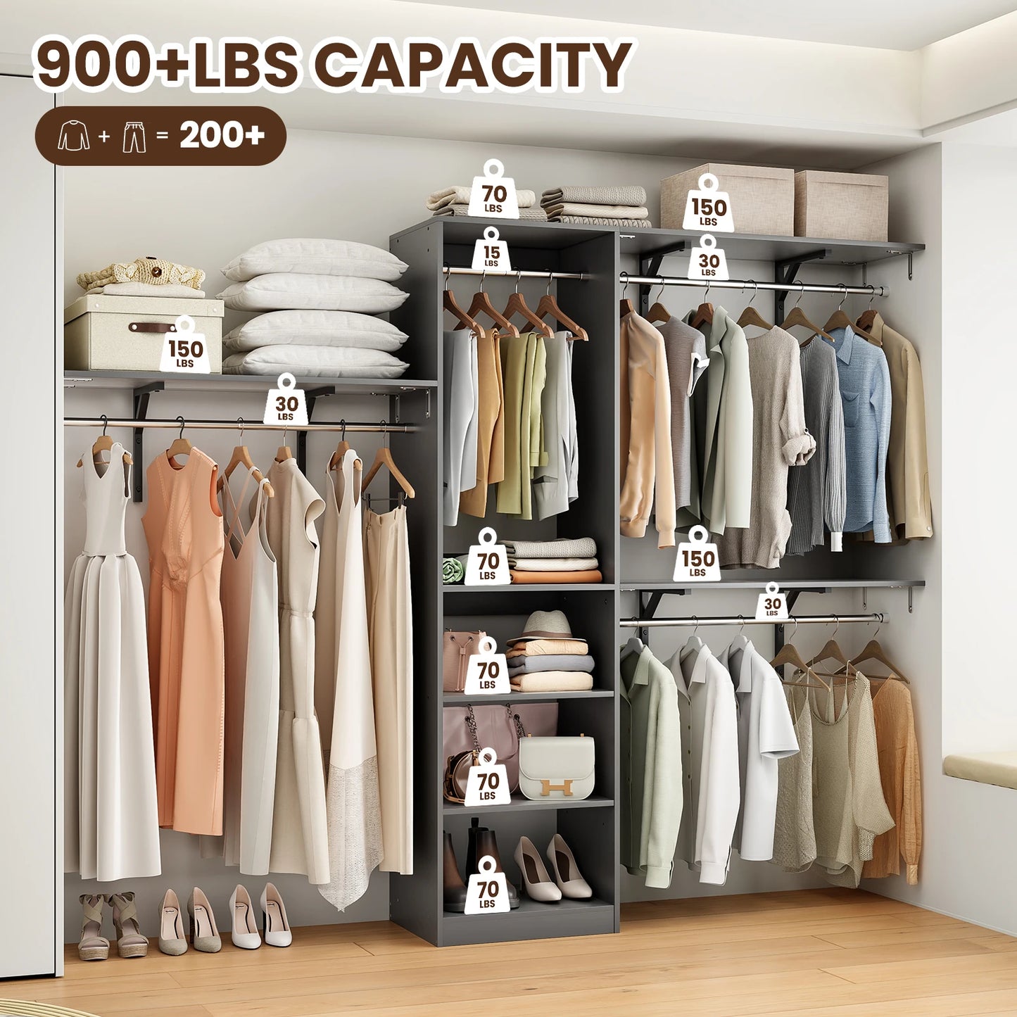 FARINI Heavy Duty Closet Organizer With 4 Hang Rods And 5 Shelves
