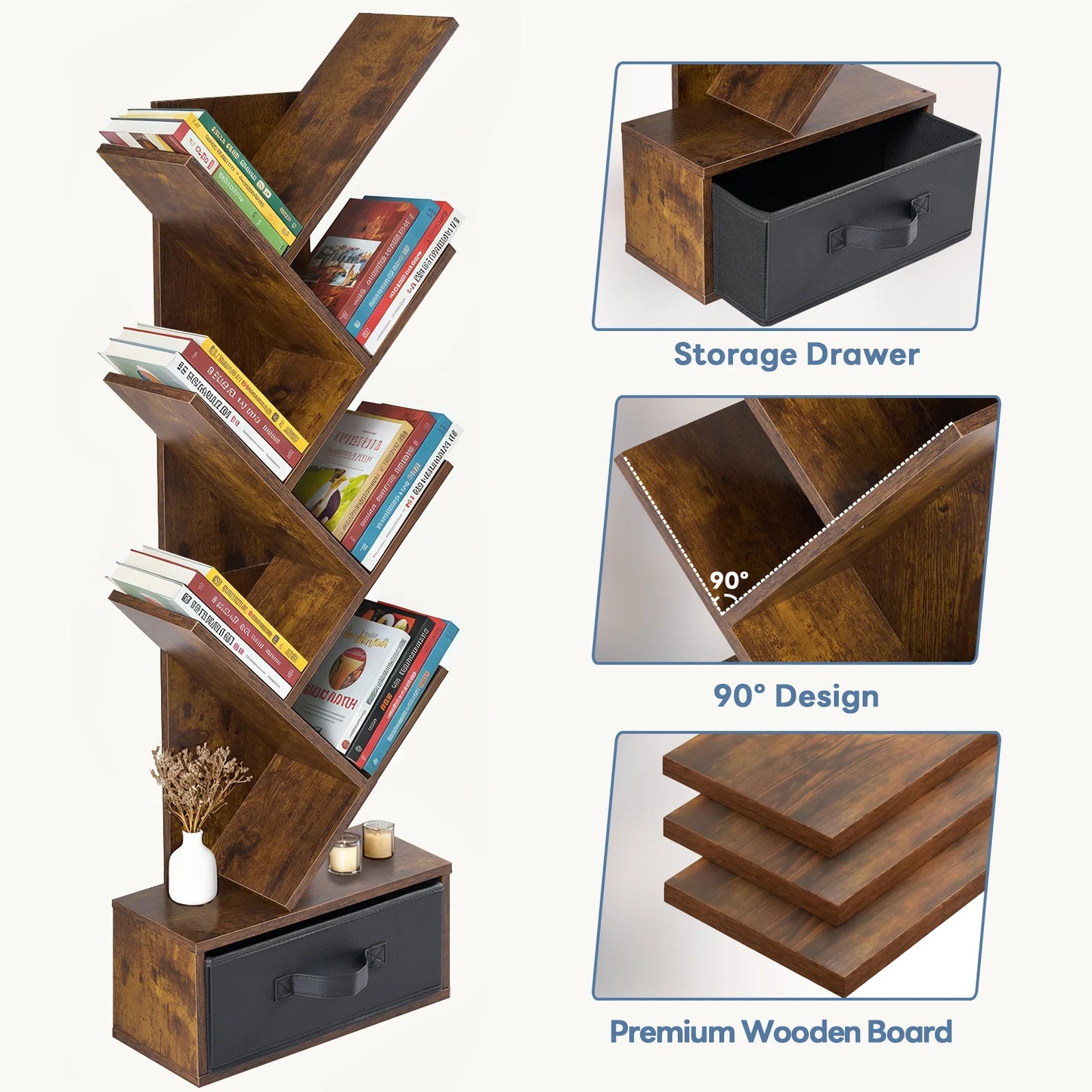JHK Geometric Wooden 7-Tier Corner Bookshelf With Drawer