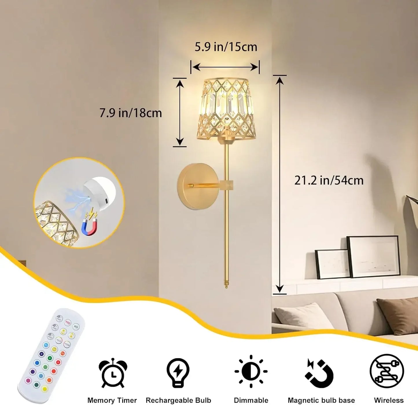 Battery Operated Wall Sconces Set Of 2 Crystal Rechargeable