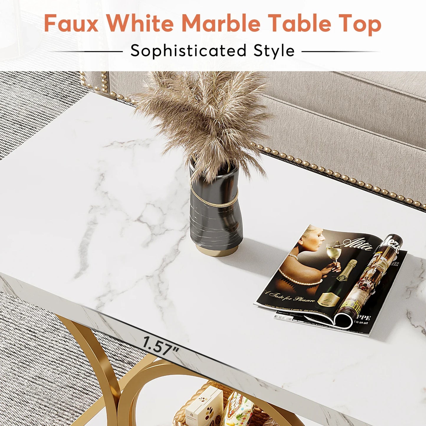 Tribesigns Rectangle Coffee Table Modern 2 Tier Faux Marble Wood