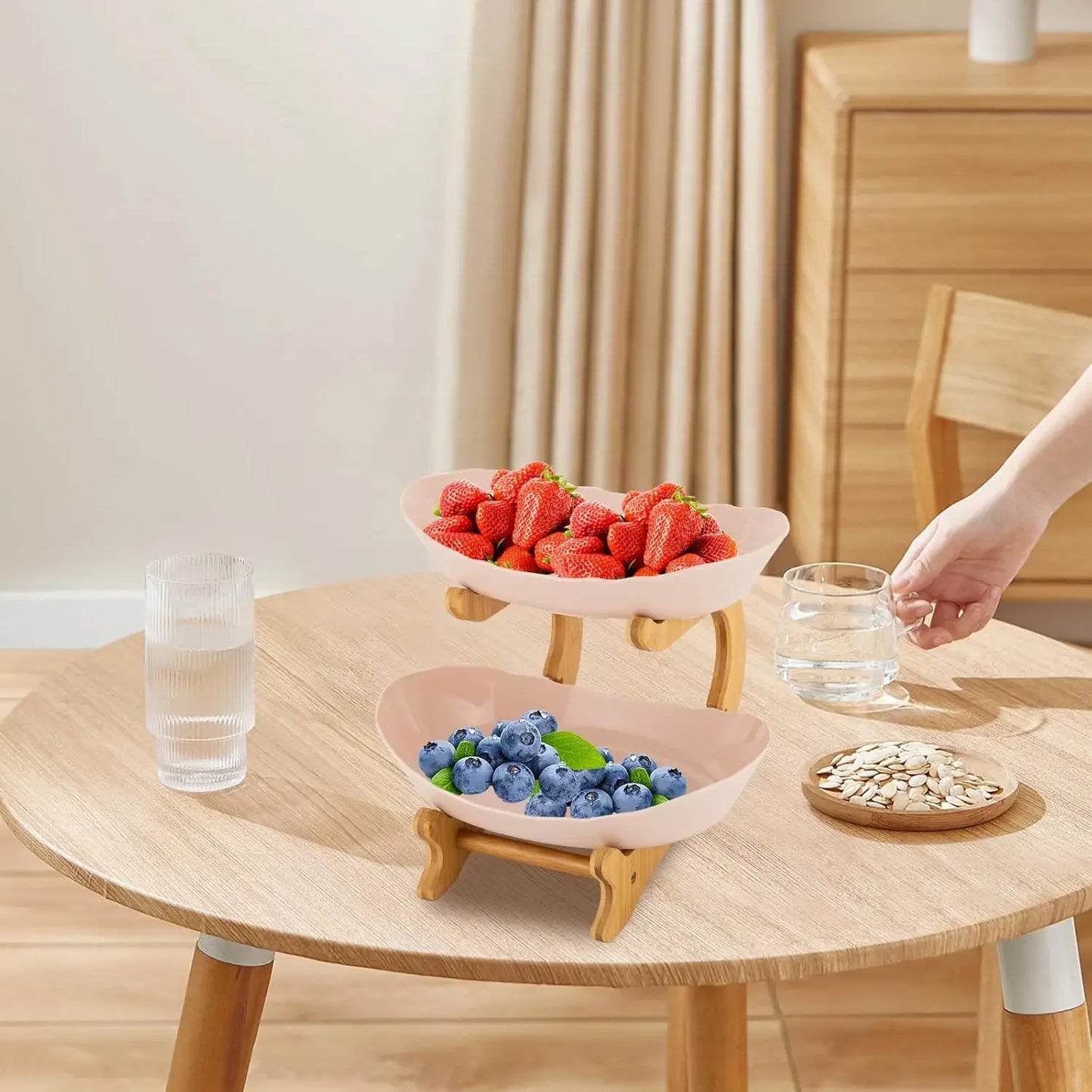 Two Tier Bamboo Wood Frame Fruit Bowl Stand PP Bowls