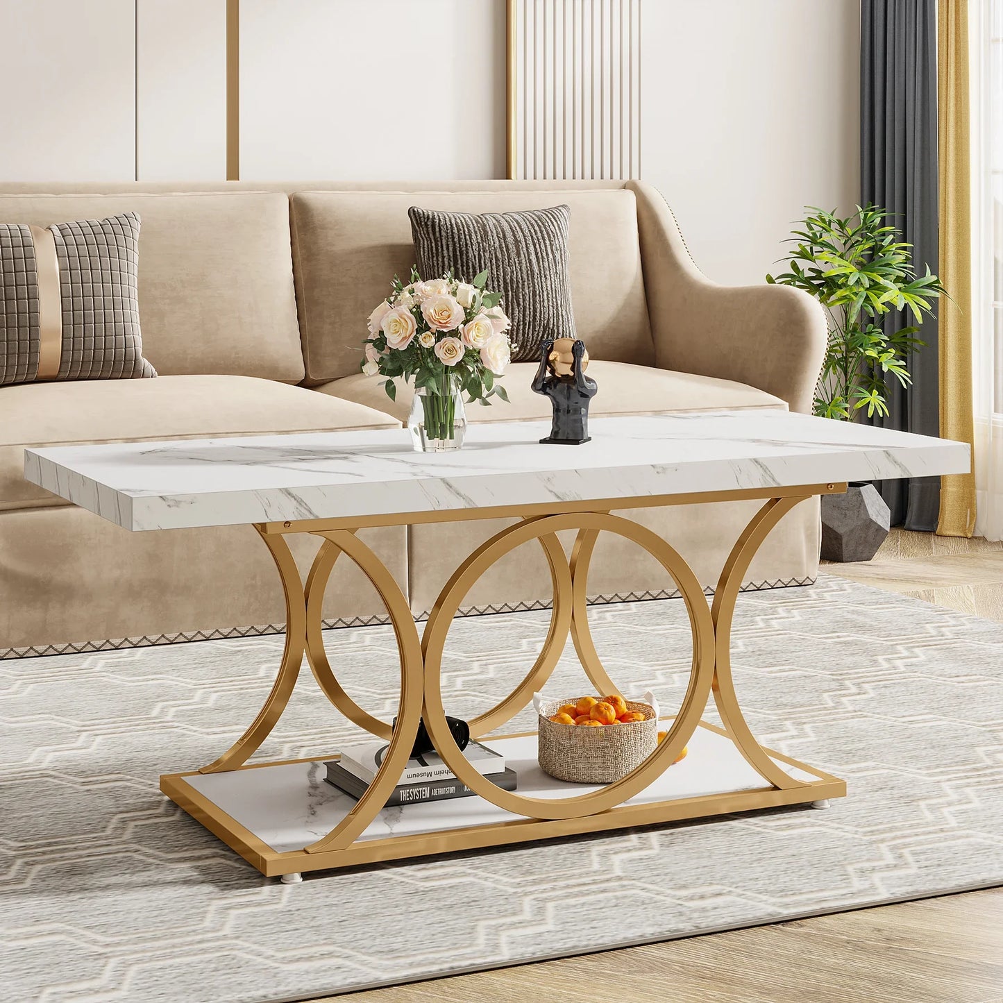 Tribesigns Rectangle Coffee Table Modern 2 Tier Faux Marble Wood