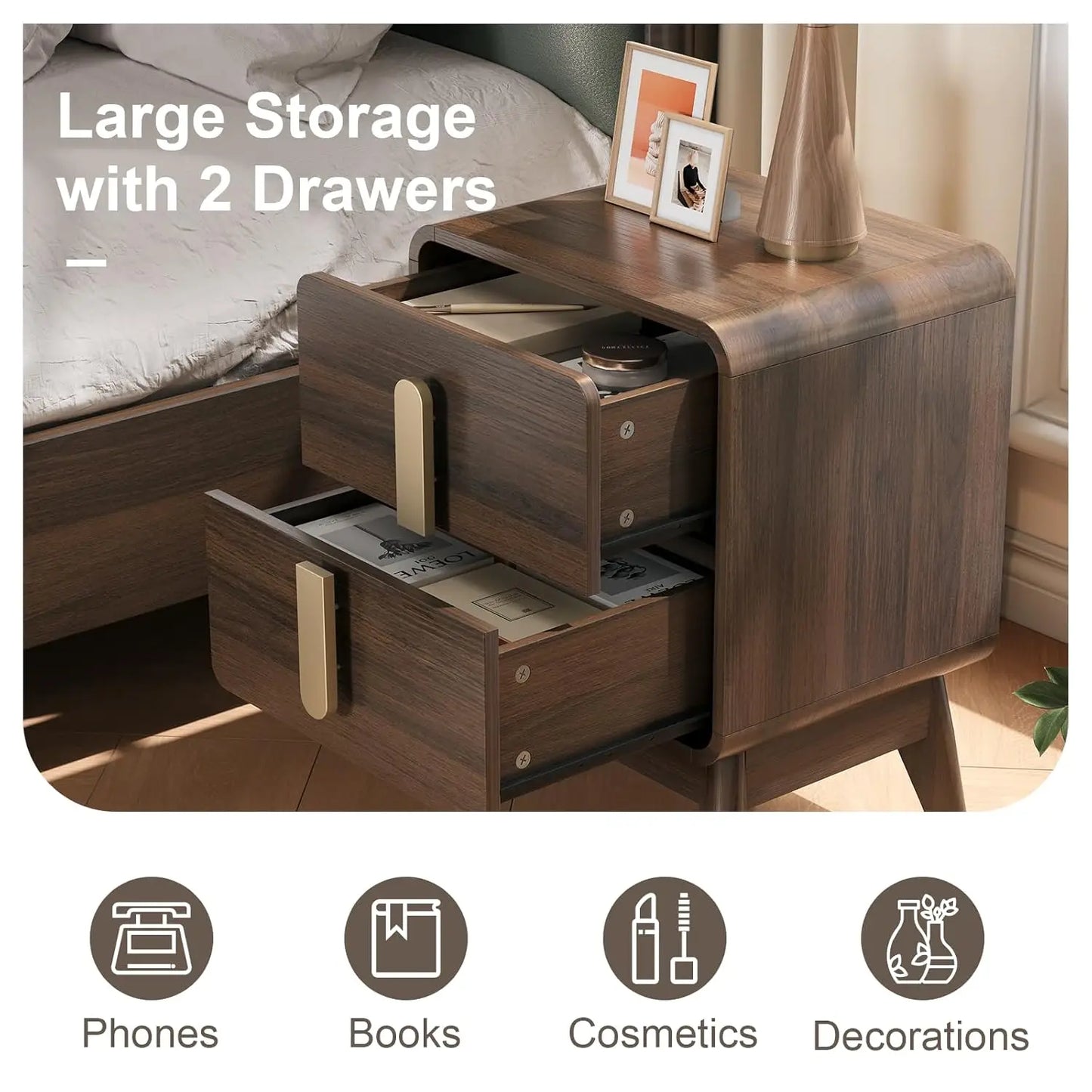 Mid Century Modern Nightstands Set With Drawers Solid Wood Legs