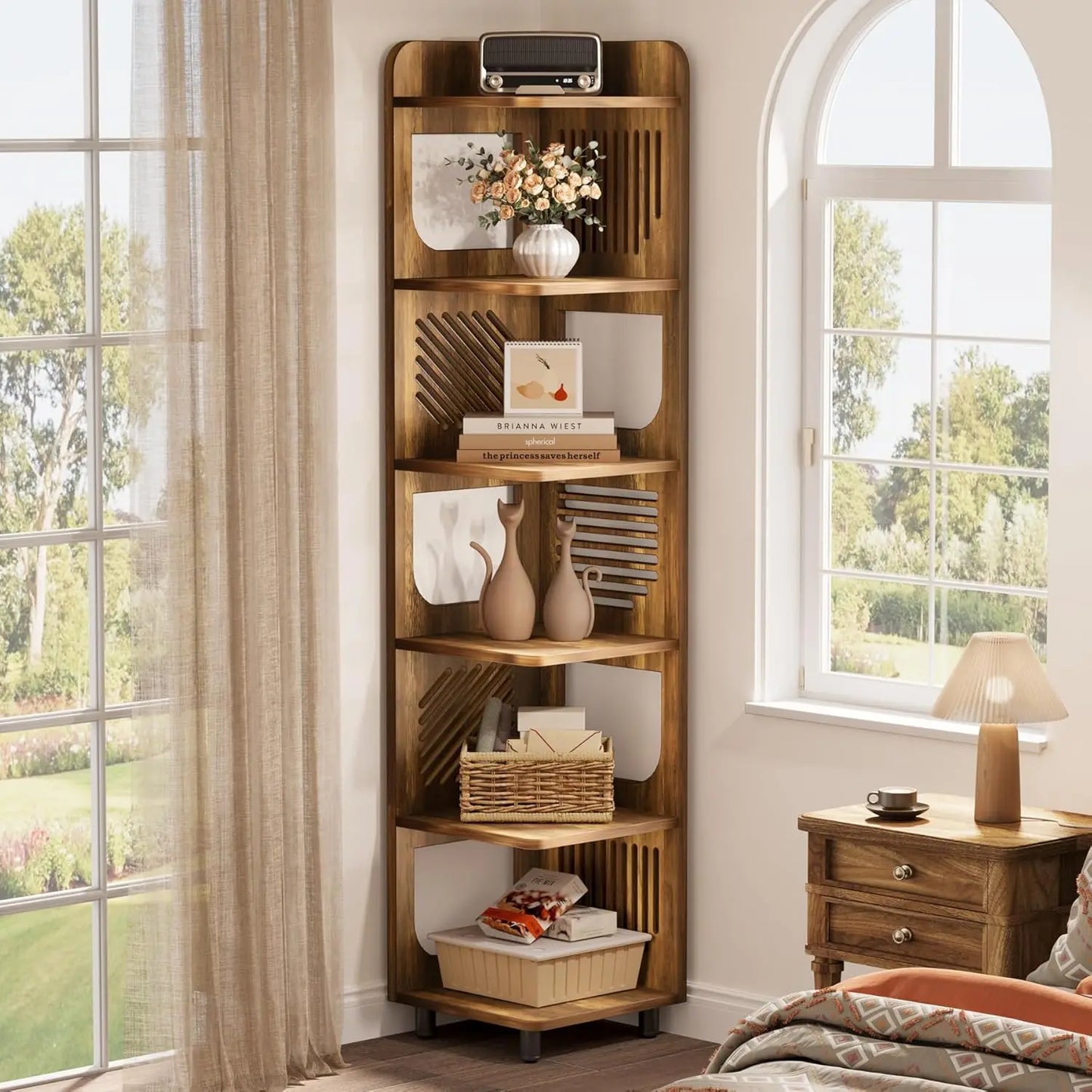 6 Tier Tall Corner Shelf Bookshelf Freestanding Bookcase Home Office