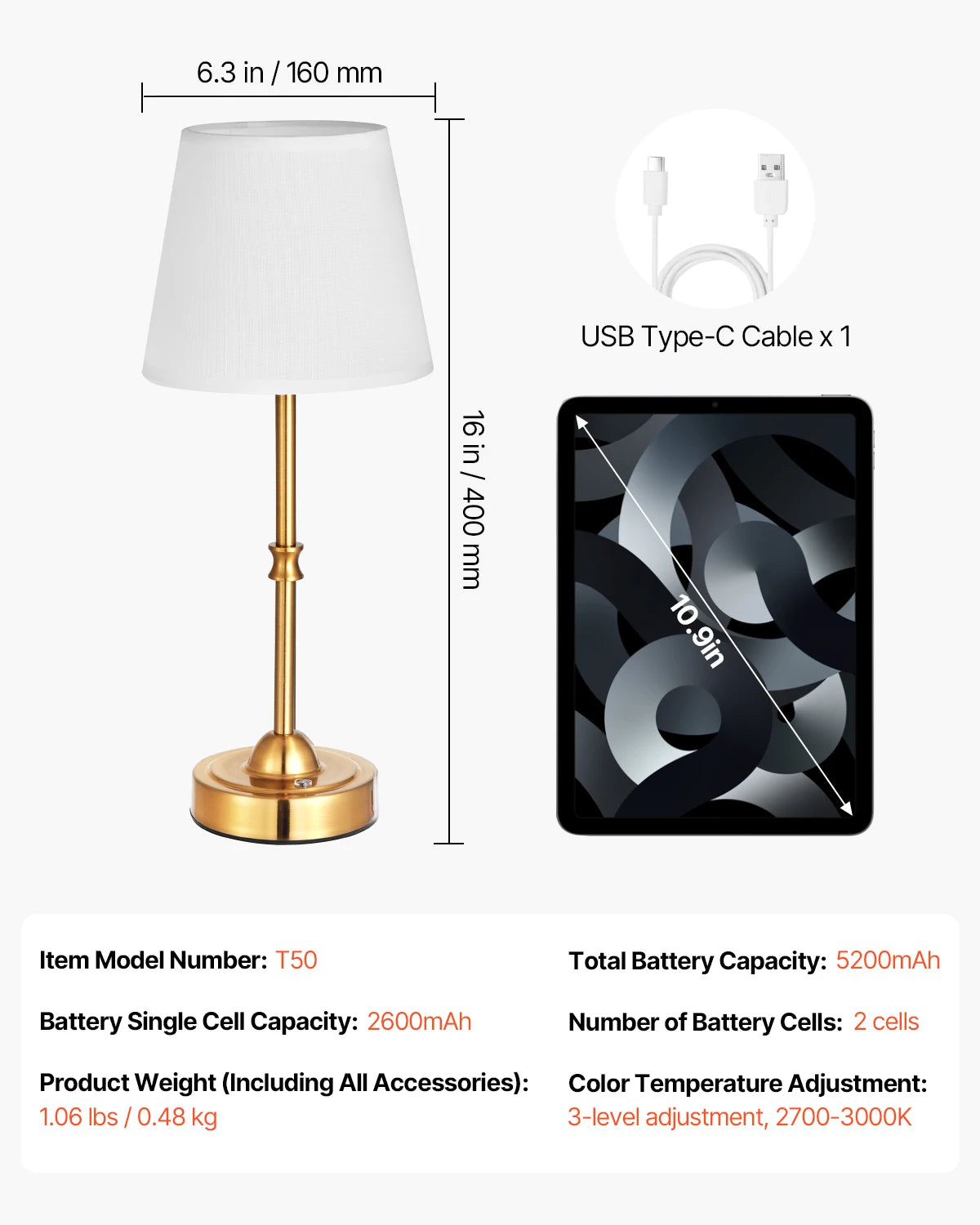 SucceBuy Cordless Desk Lamp With Fabric Shade And Rechargeable Battery
