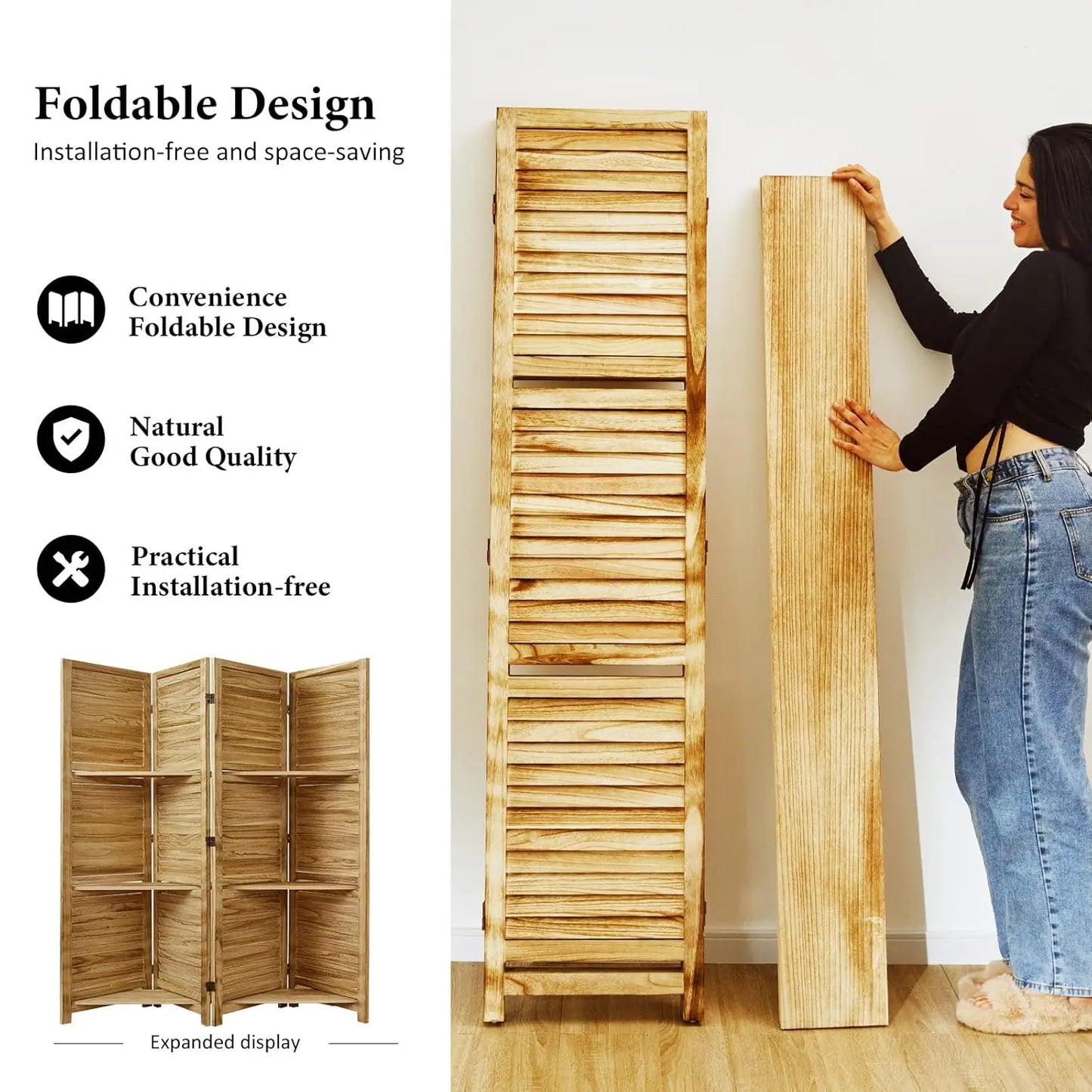 Wood Folding Privacy Screen Partition With Shelves For Home Use