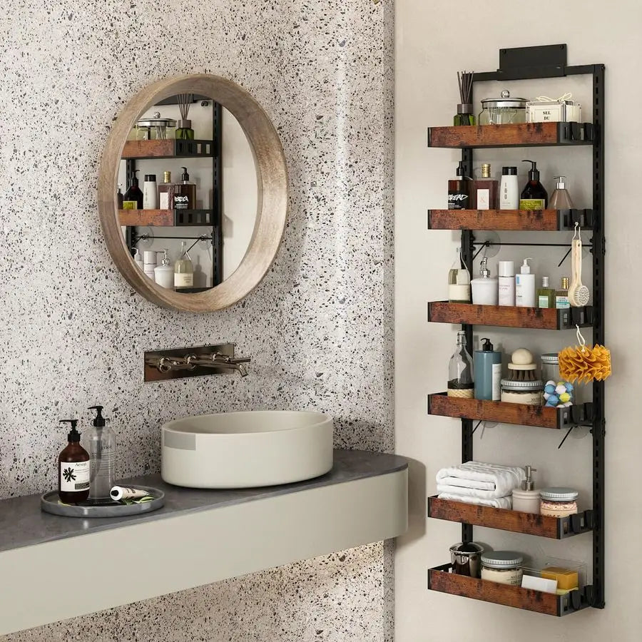 Over the Door Pantry Organizer, 6Tier Adjustable Wooden Basket Kitchen Pantry Door Organization and Storage, HeavyDuty Metal Han