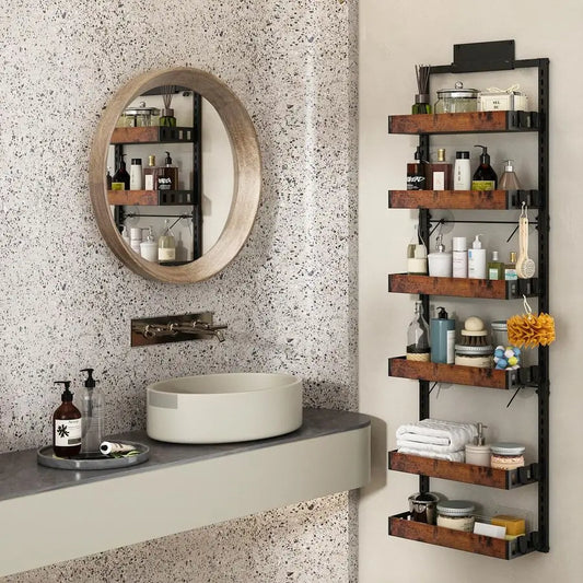Over the Door Pantry Organizer, 6Tier Adjustable Wooden Basket Kitchen Pantry Door Organization and Storage, HeavyDuty Metal Han