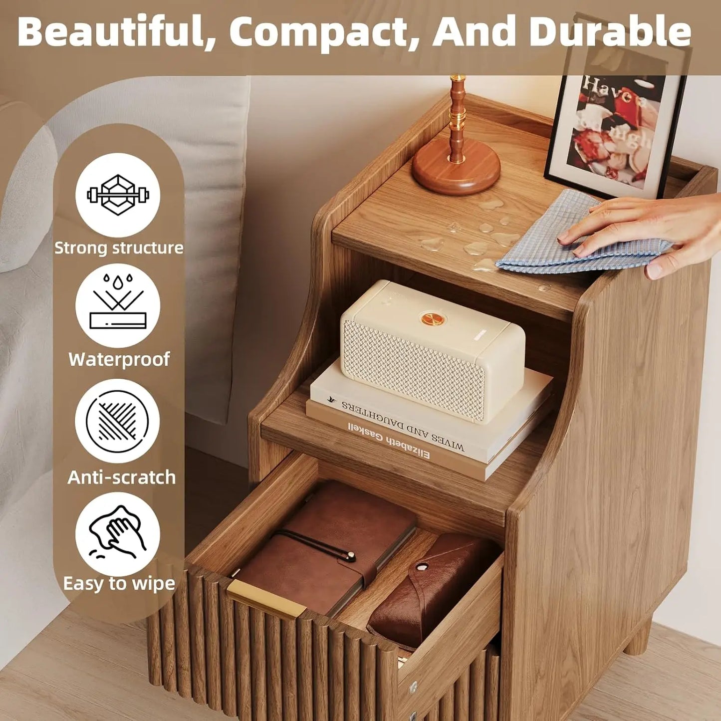 Frame Narrow Nightstand Set Of 2 With 2 Drawers Fluted