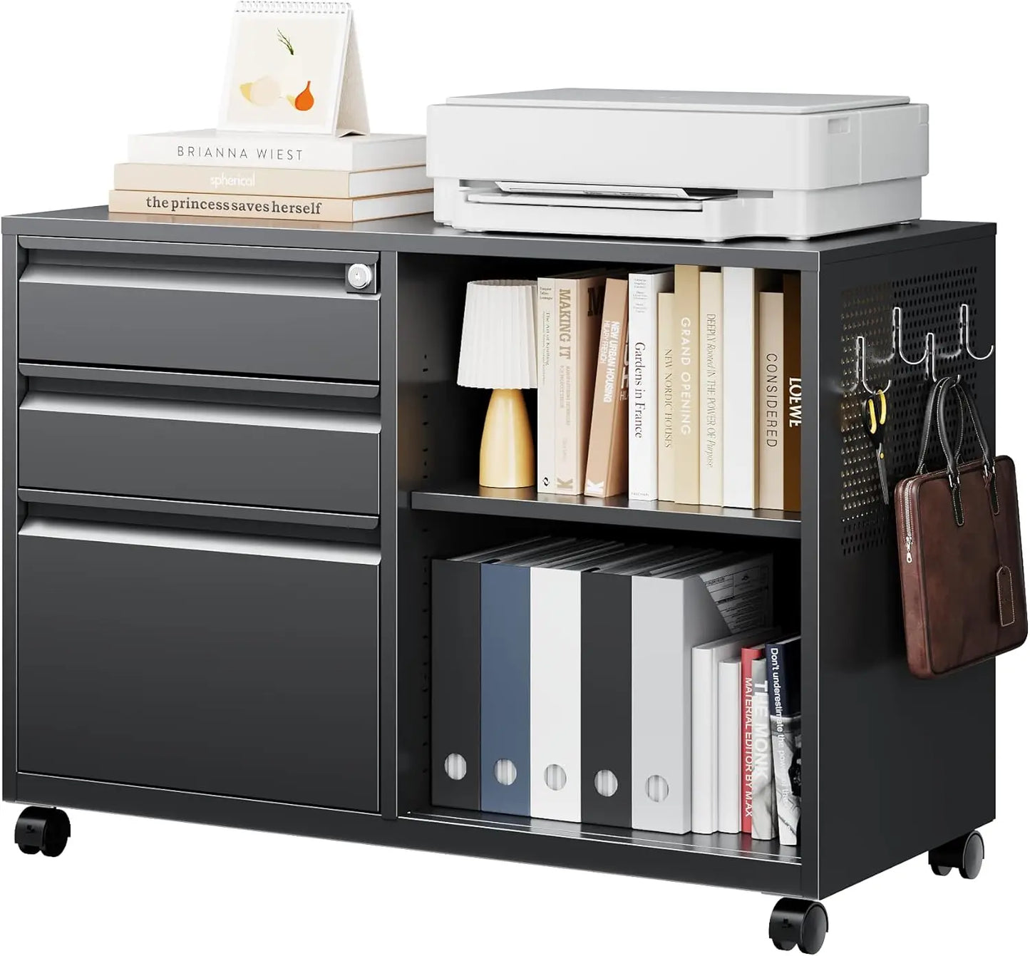XMSJ Mobile 3 Drawer File Cabinet With Lock Rolling Storage