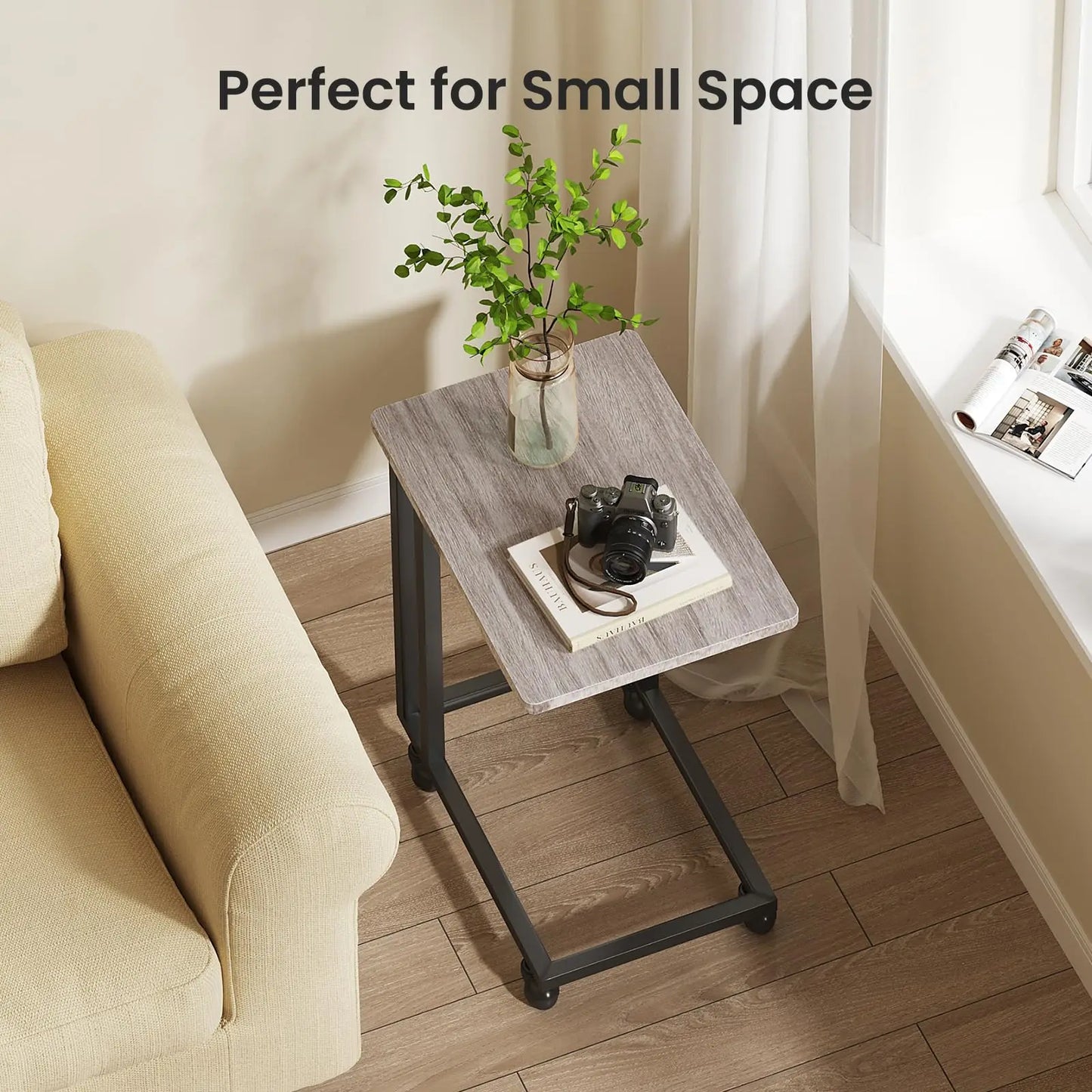JHK Wood Overbed Table With Wheels Metal Frame Bedside Desk
