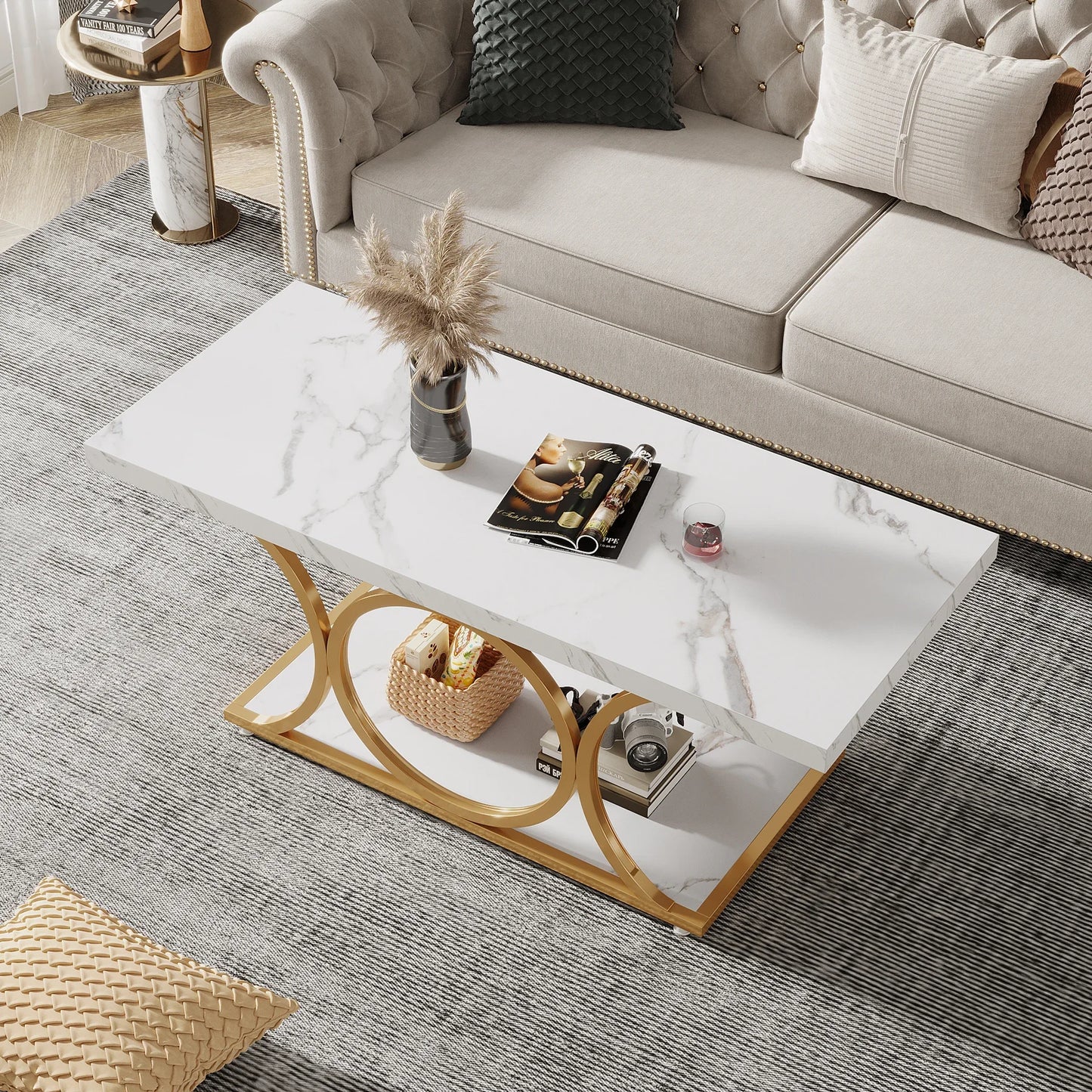 Tribesigns Rectangle Coffee Table Modern 2 Tier Faux Marble Wood