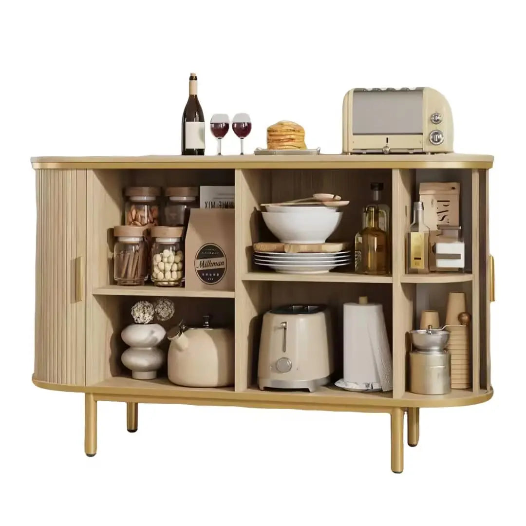 HUANZHUANG Modern Buffet Cabinet With Sliding Tambour Doors Open Shelves