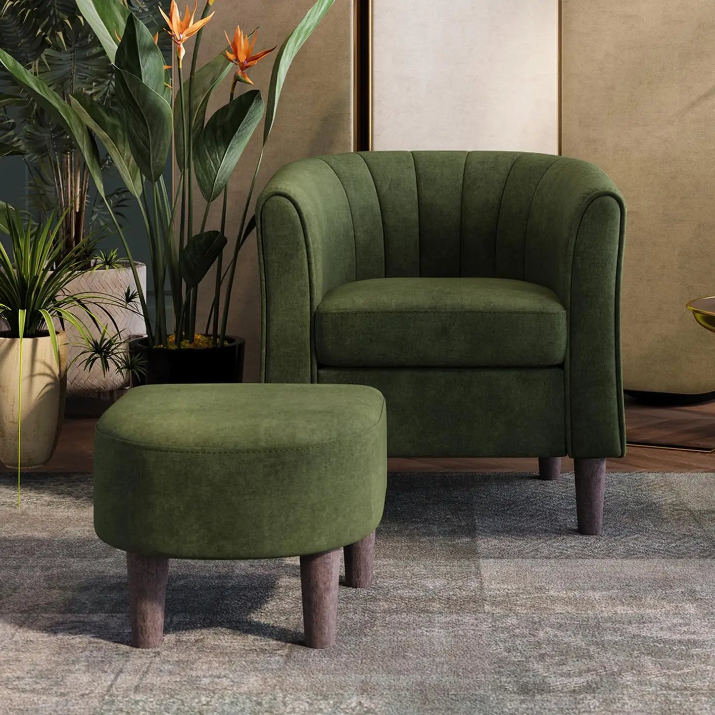 Velvet Accent Chair With Ottoman Modern Barrel Armchair