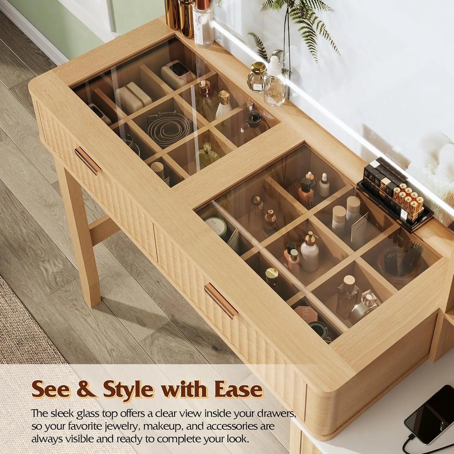 Vanity Table With Large LED Mirror And Charging Station