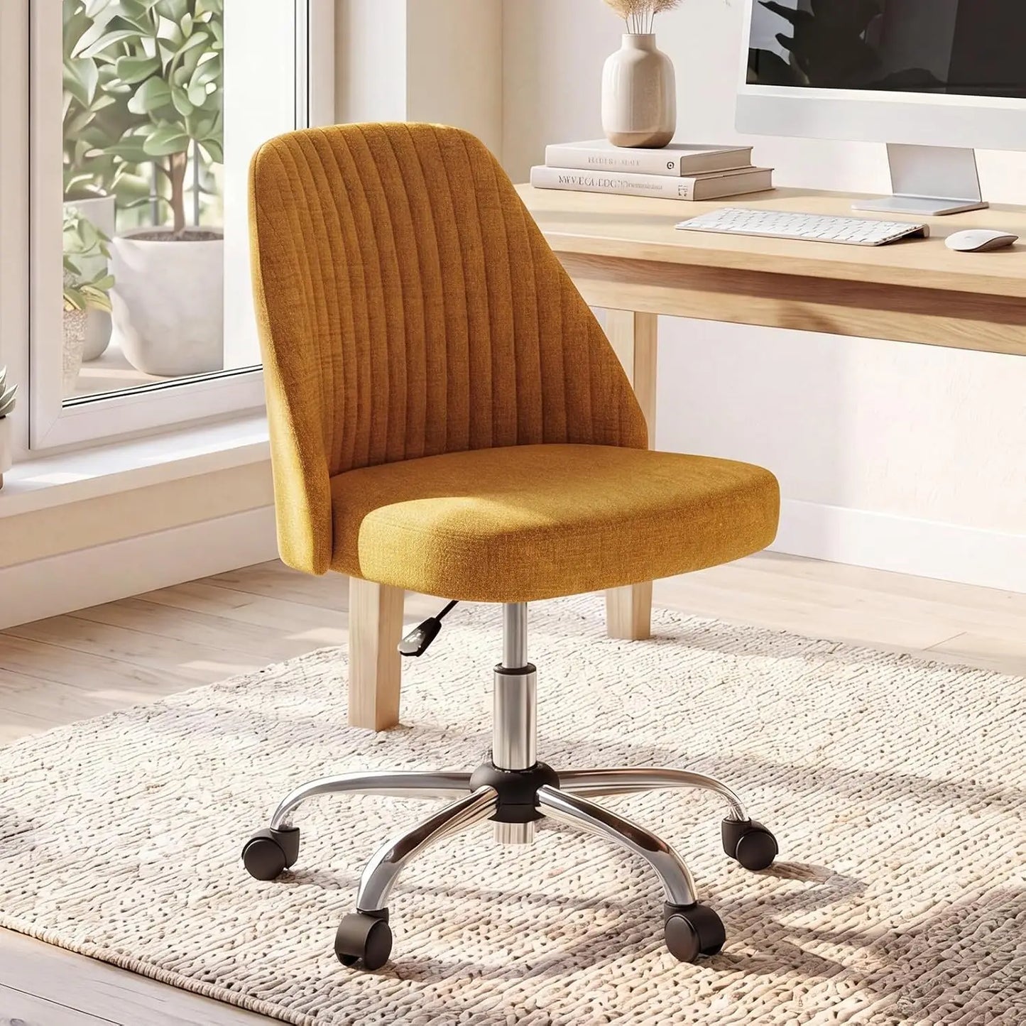 Height Adjustable Armless Vanity Office Chair With Rolling Wheels