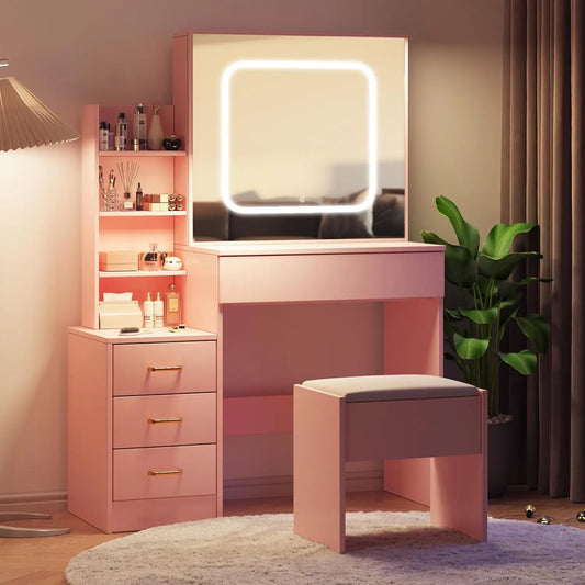 HiMISS Vanity Desk With Sliding Lighted Mirror And Storage