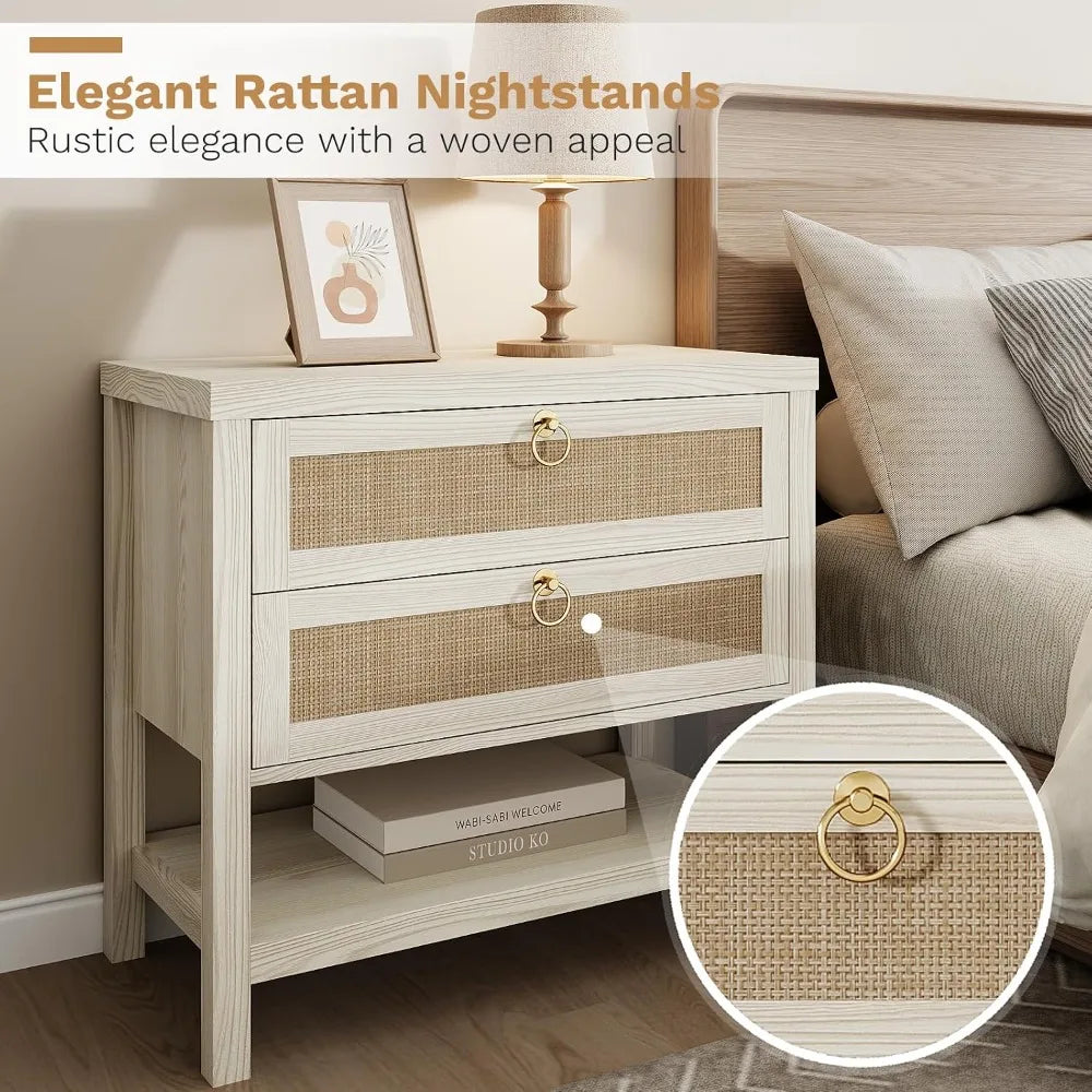 Rattan Nightstands Set of 2 Boho Style Bedroom End Tables