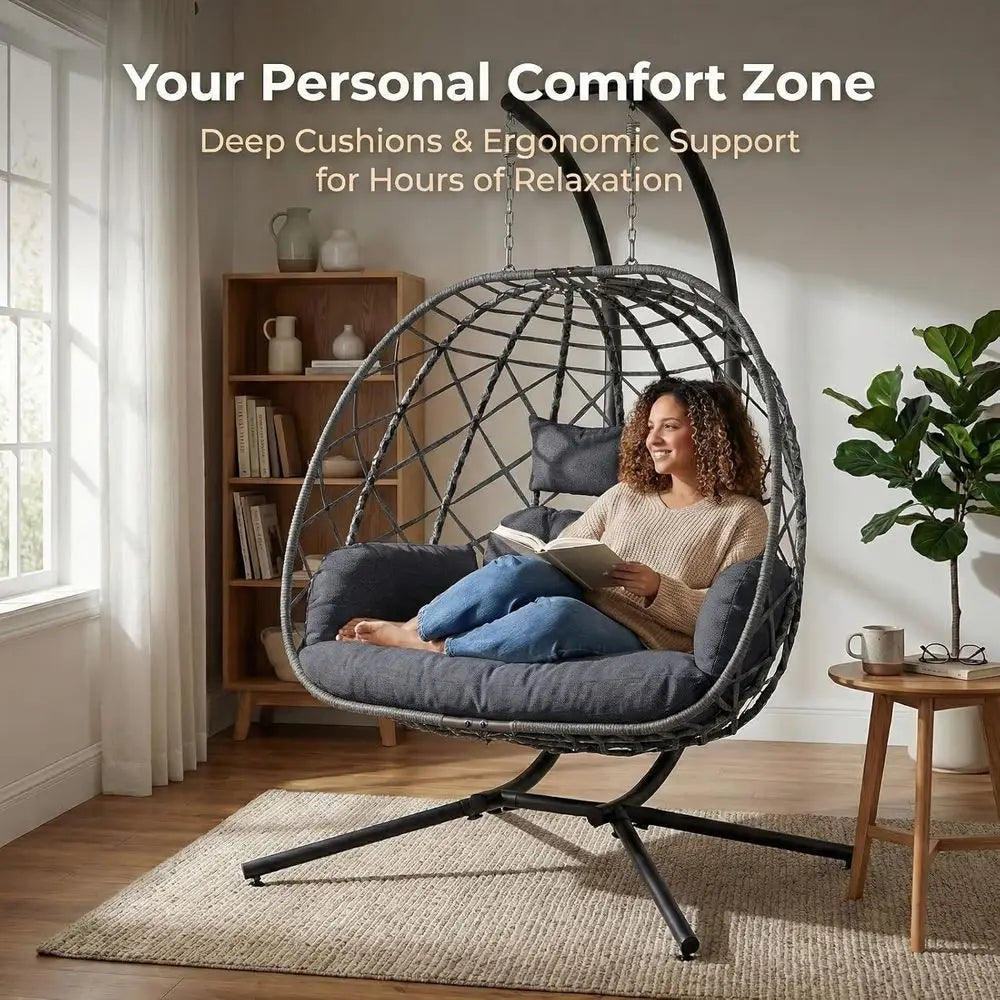Double Egg Swing Chair With Stand Outdoor Patio Use