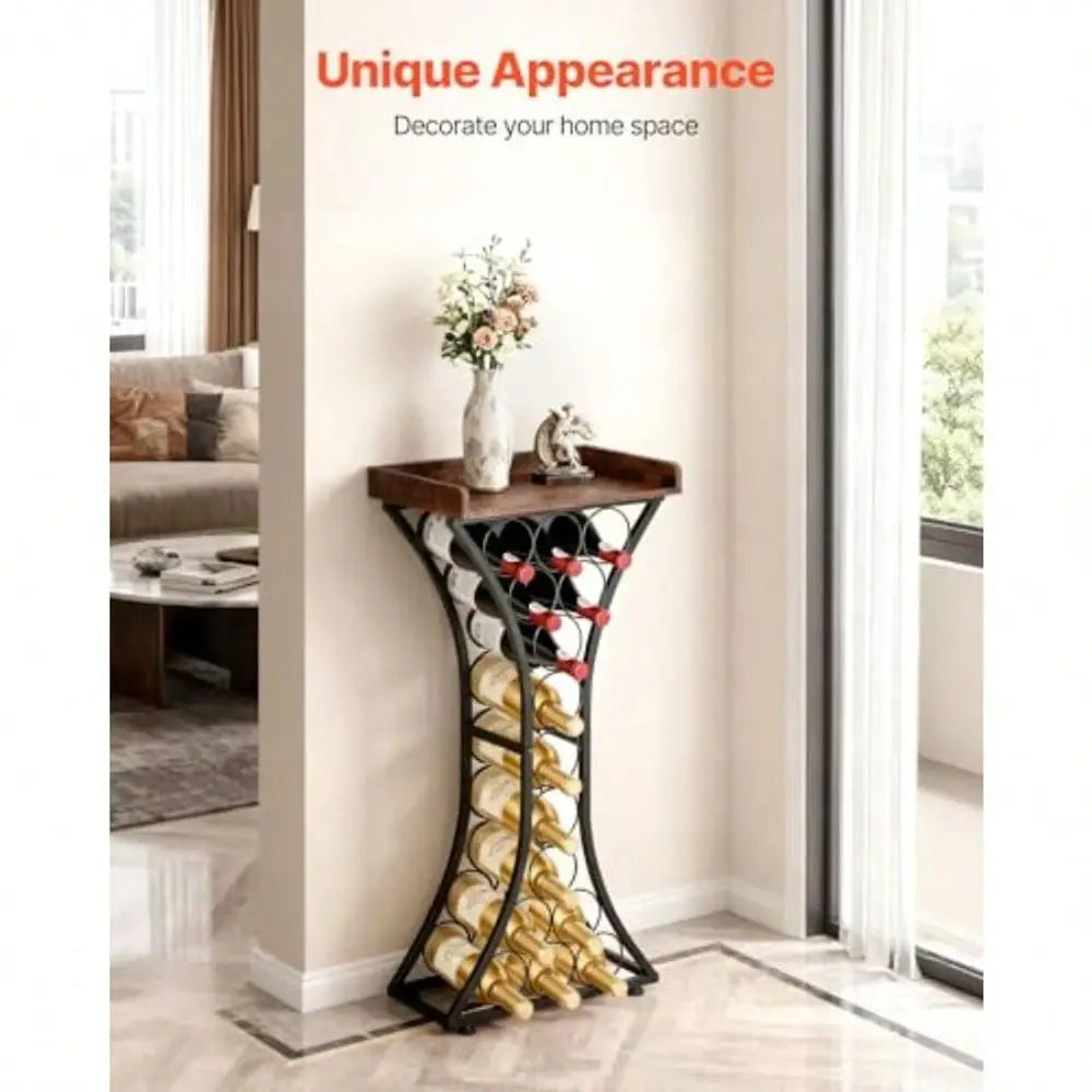15 Bottle Iron Freestanding Wine Rack With Wood Tabletop Bar