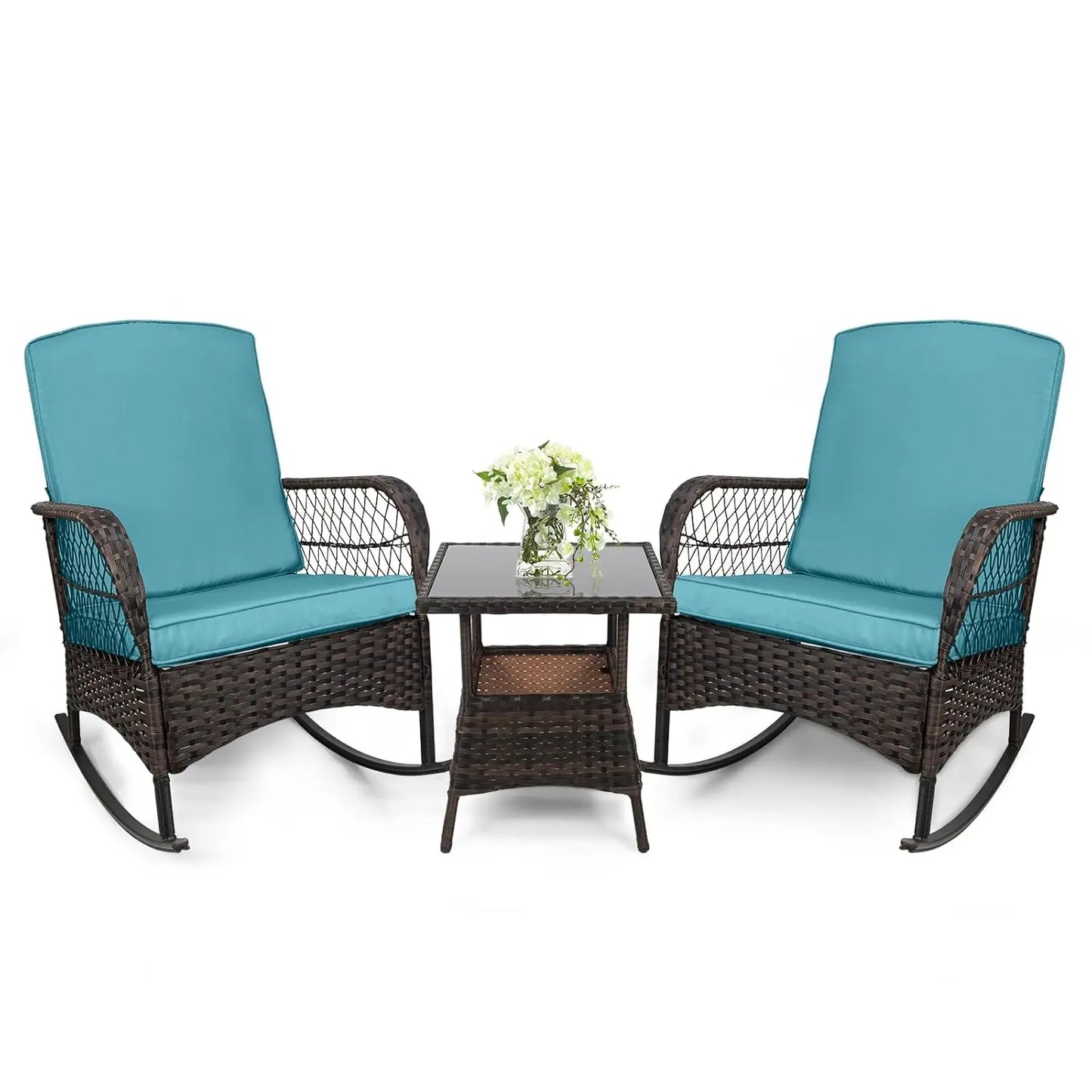 Outdoor 3 Piece Rocking Bistro Set With Glass Table PE Wicker