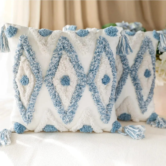 Blue Tufted Tassel Throw Pillow Covers – Set of 2