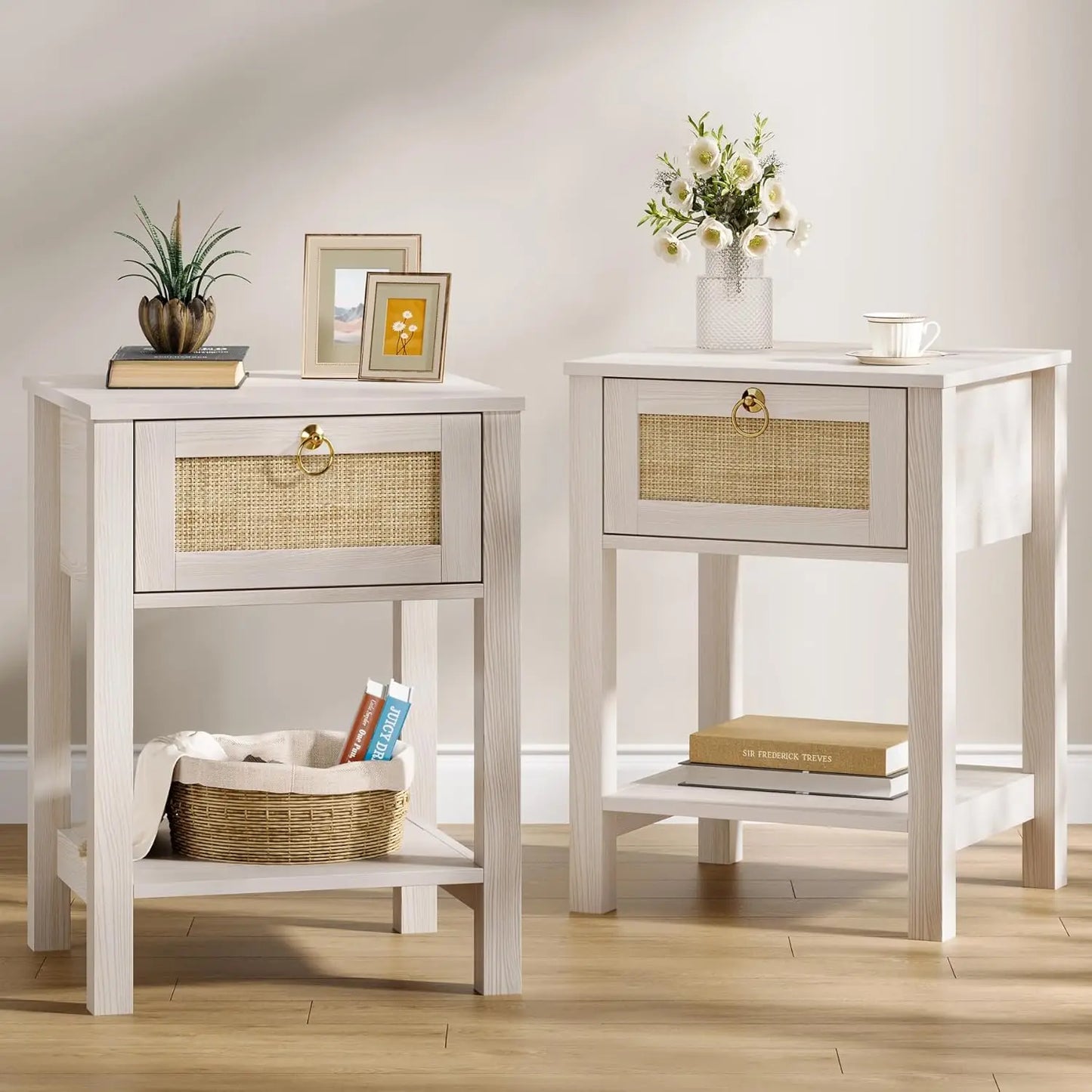 Rattan Nightstands Set of 2 Boho Style Bedroom End Tables