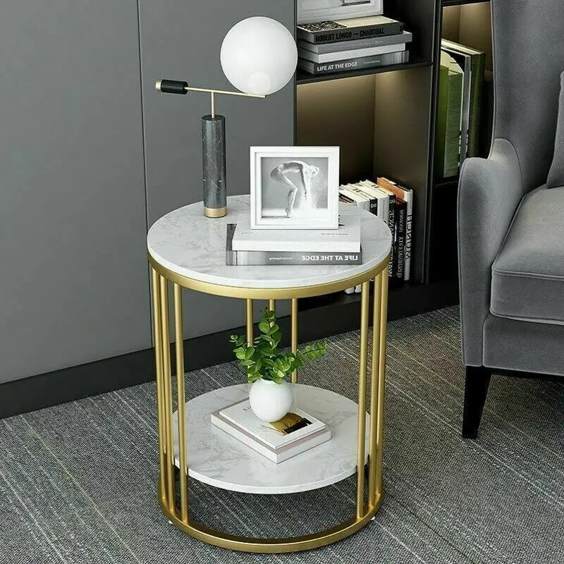 Wisfor 2-Tier Marble Round Side Table Coffee Table Nightstand Jewellery Storage