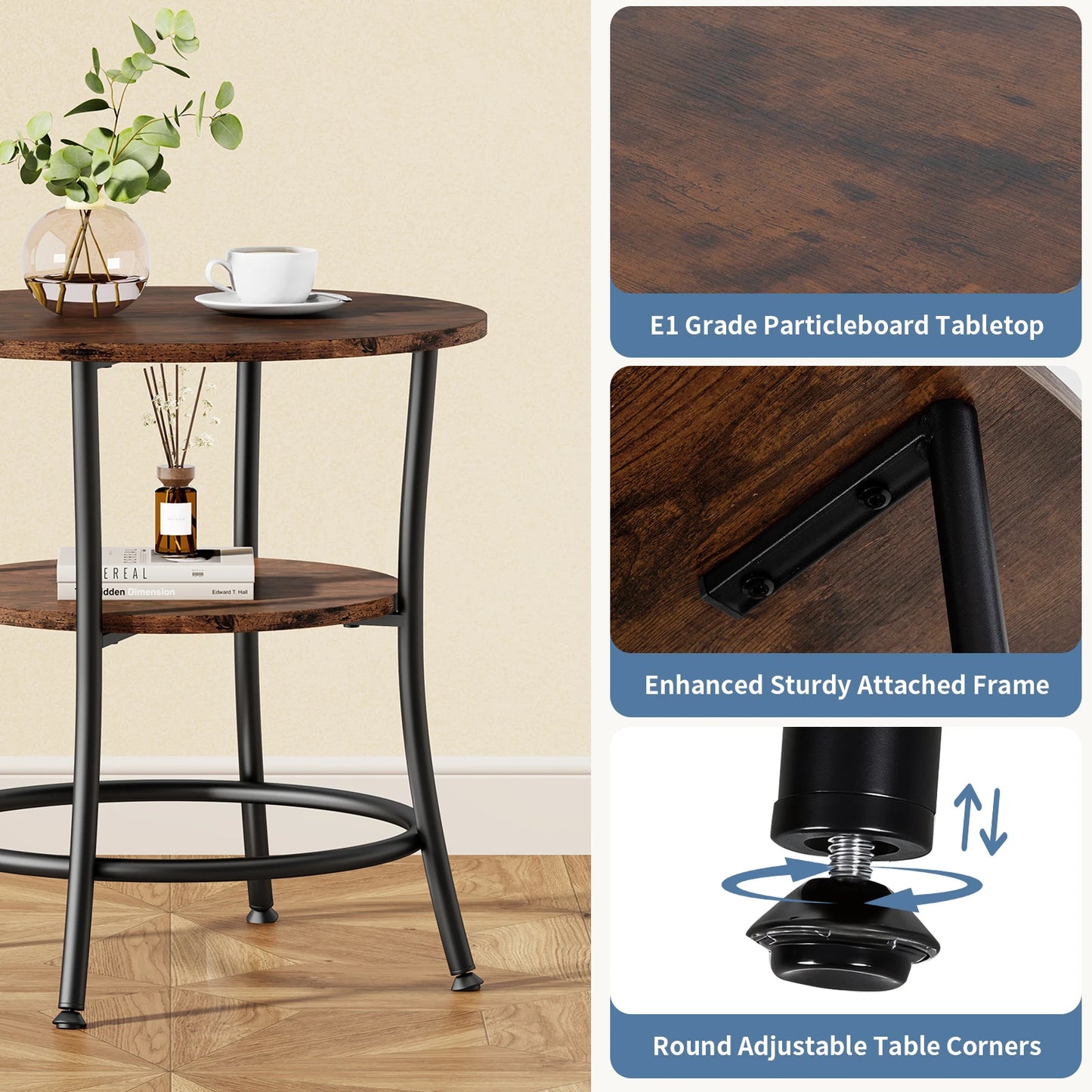 JHK Two Tier Round Coffee Table Metal Frame Storage Shelf
