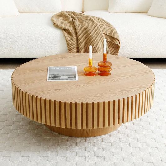 Oak Round Coffee Table Wood Modern Drum Fluted Circle