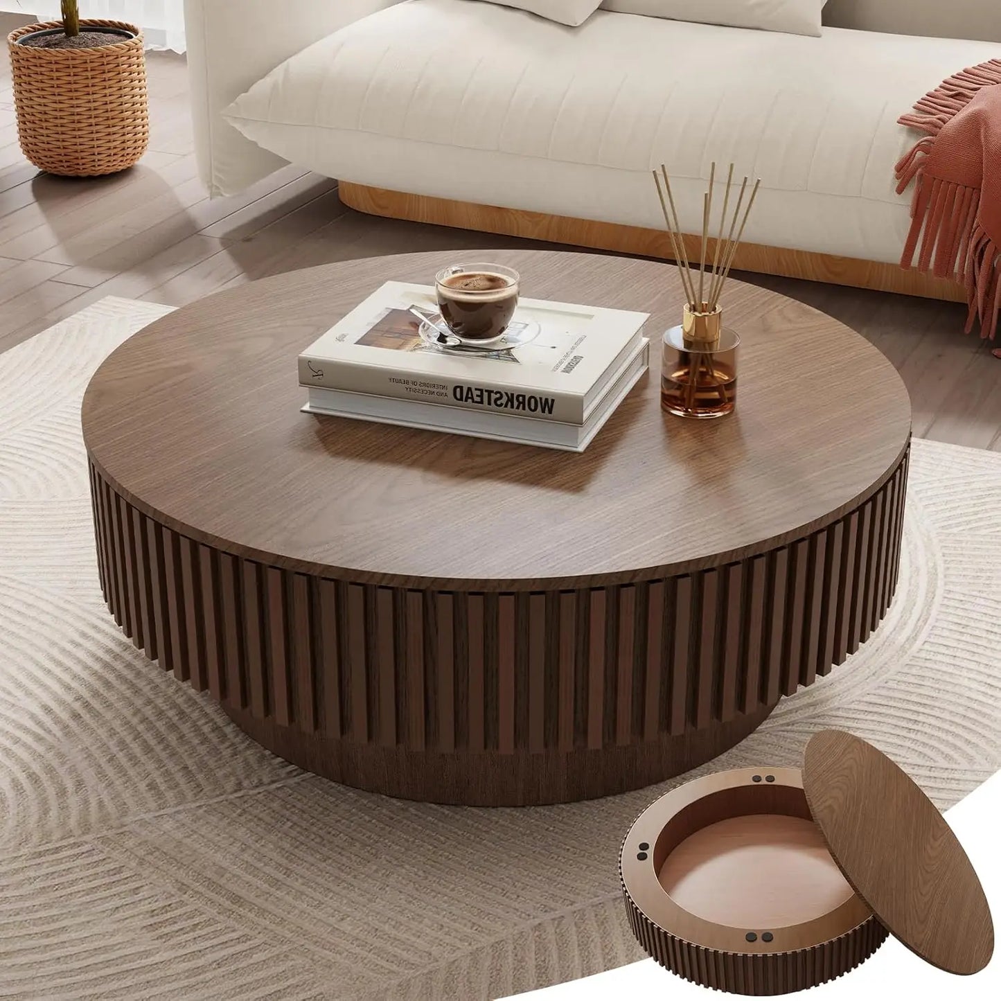 Oak Round Coffee Table Wood Modern Drum Fluted Circle