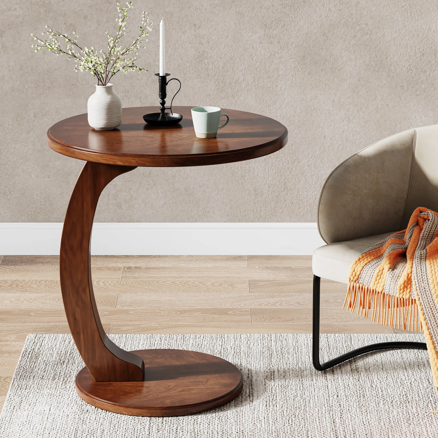 Tribesigns Round Wood C Shaped End Table Mid Century Style For Living Room