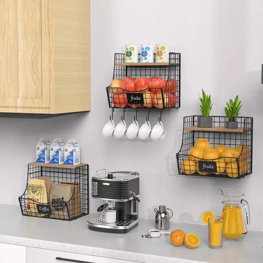 Pack Fruit Basket for Kitchen with Wood Lid CounterampWall Mounted Onion and Potato Storage with Nameplate, Stackable Storage Ba